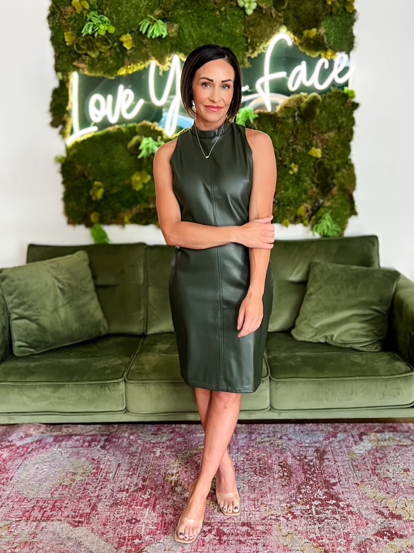 Forest Green Vegan Leather High Neck Midi Dress