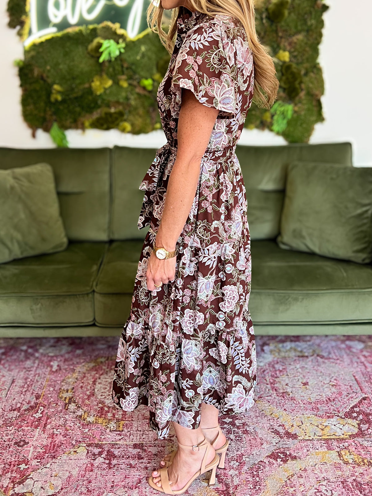 Brown Floral Poplin Button Front Tiered Midi Dress