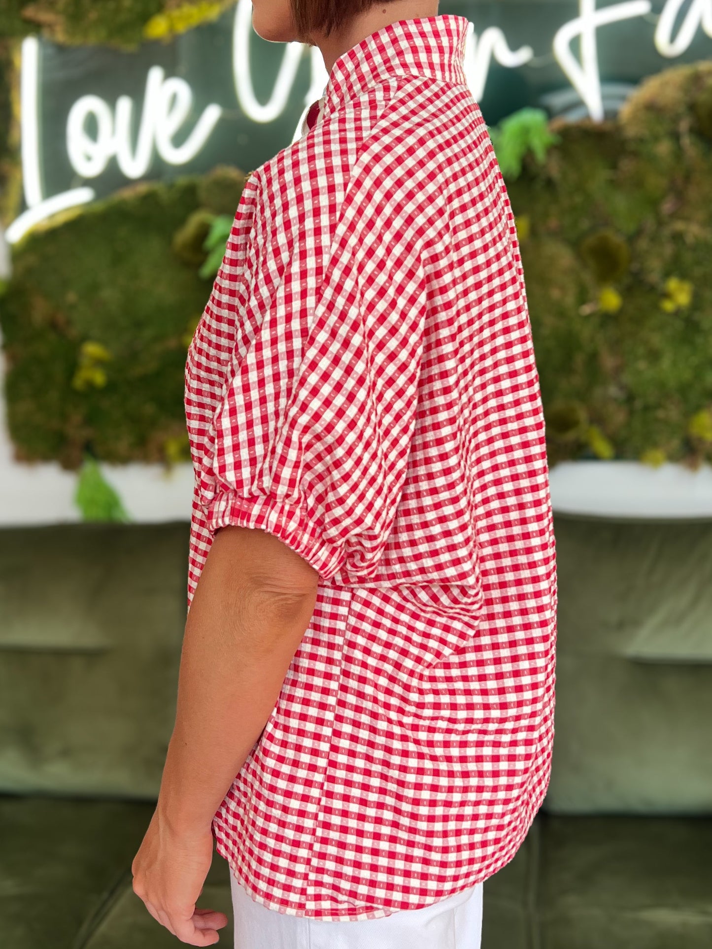 Red Gingham Split Neck Top