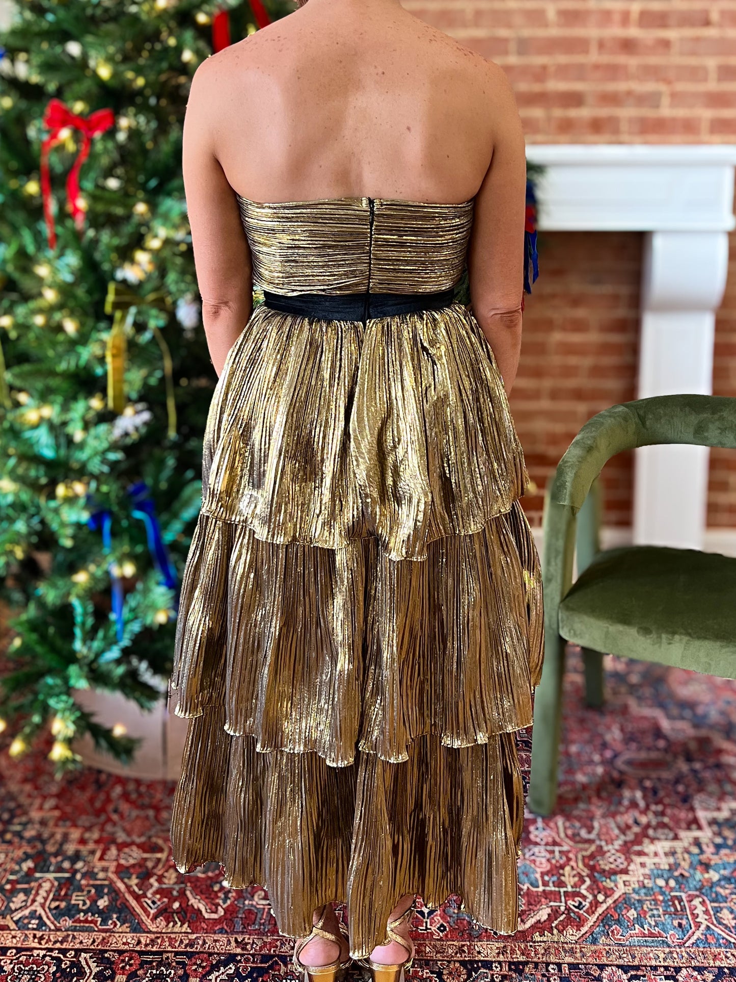 Gold Metallic Tiered Midi Dress