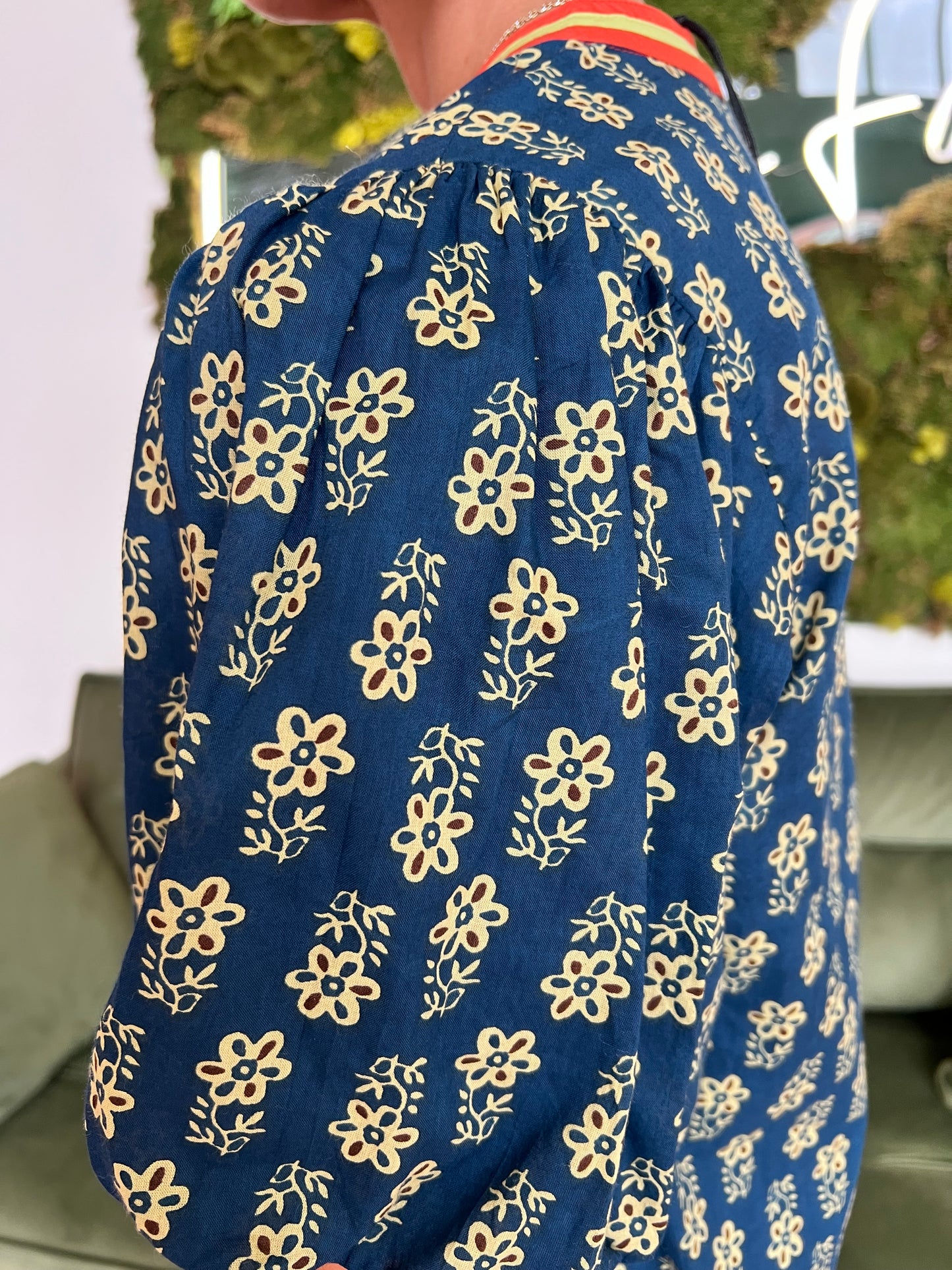 Navy Puff Sleeve Floral Detail Top