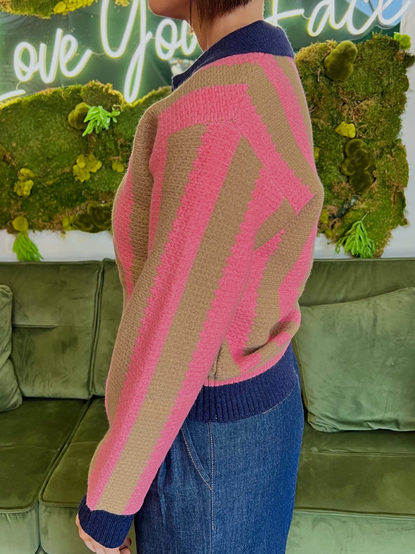 Navy/ Pink Striped Collared Sweater