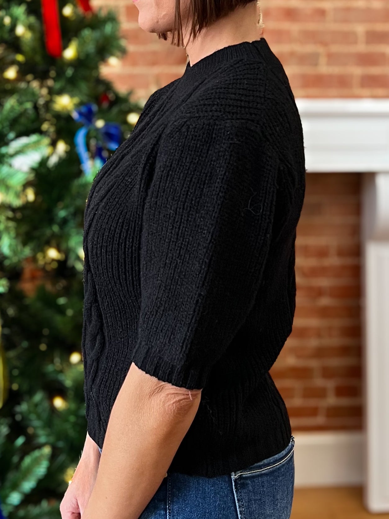 Black Cable Knit Short Sleeve Sweater