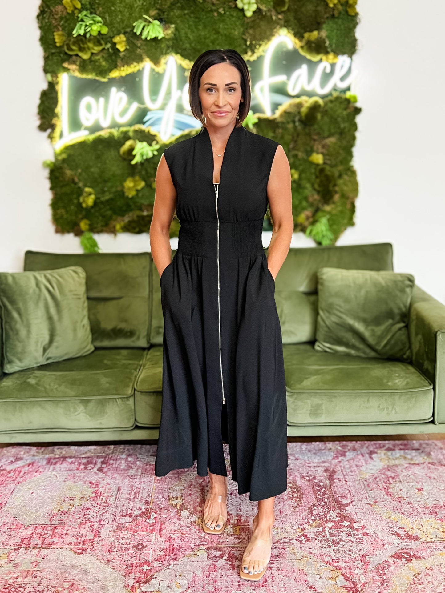 Black Smocked Waist Zippered Maxi Dress