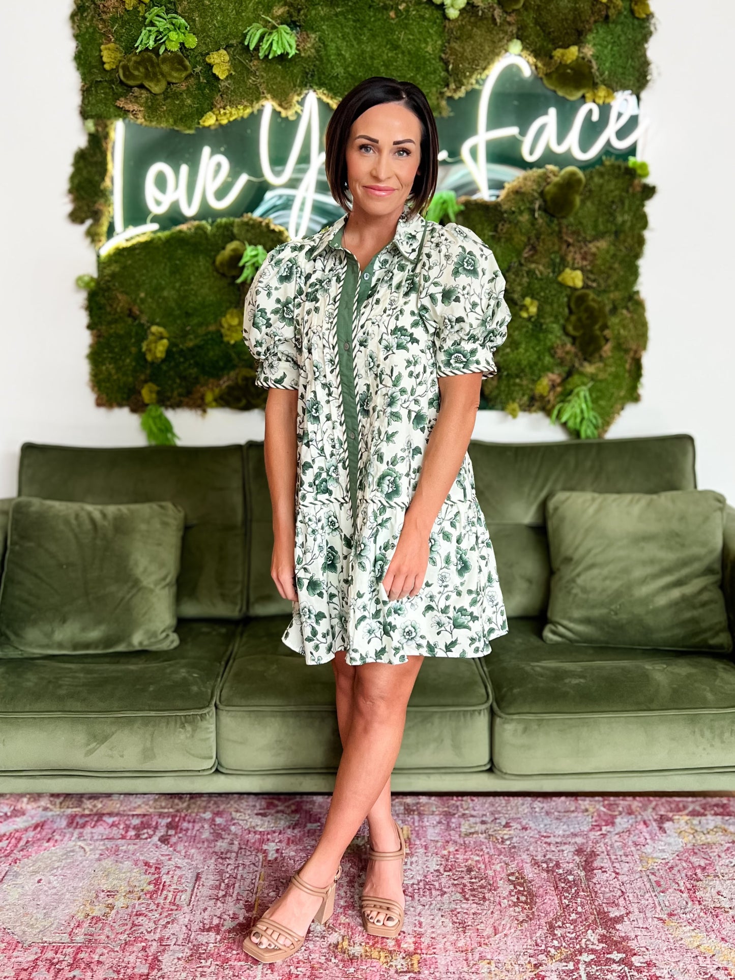 Green Floral Print Mini Dress