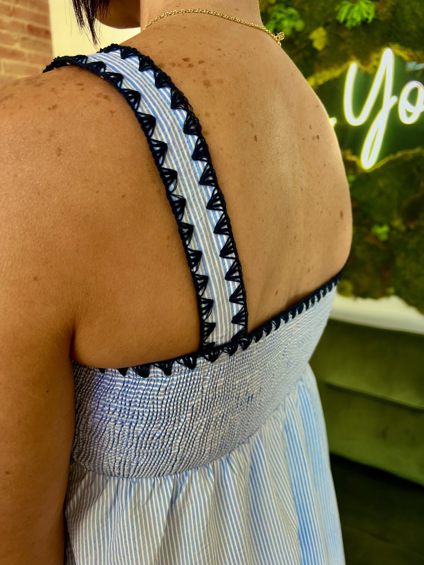 Blue/ White Striped Embroidered Contrast Trim Midi Dress