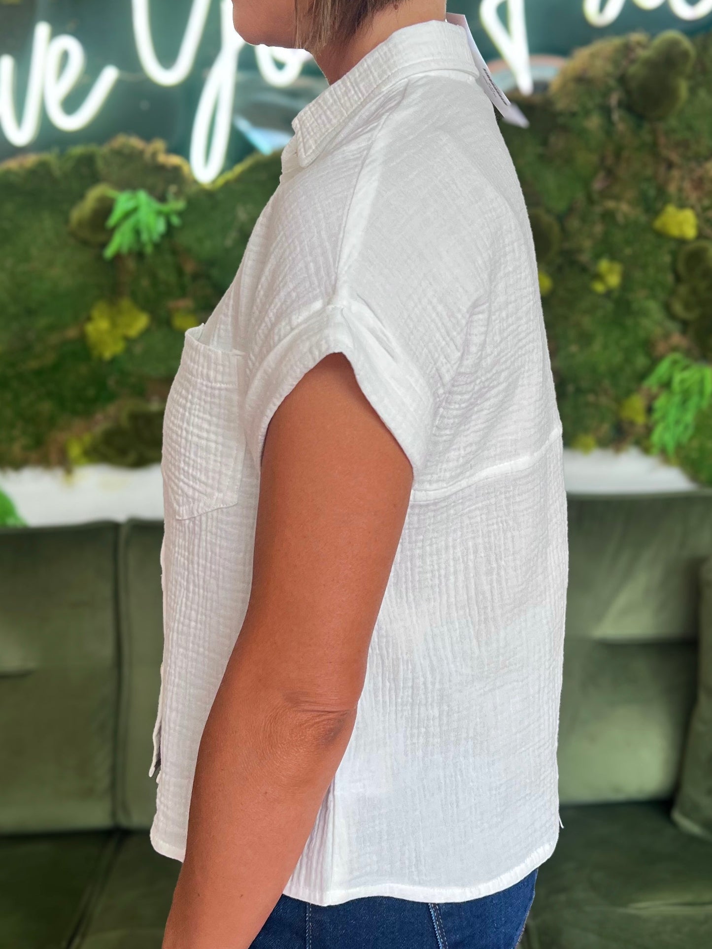 Off White Rolled Sleeve Button Down Top