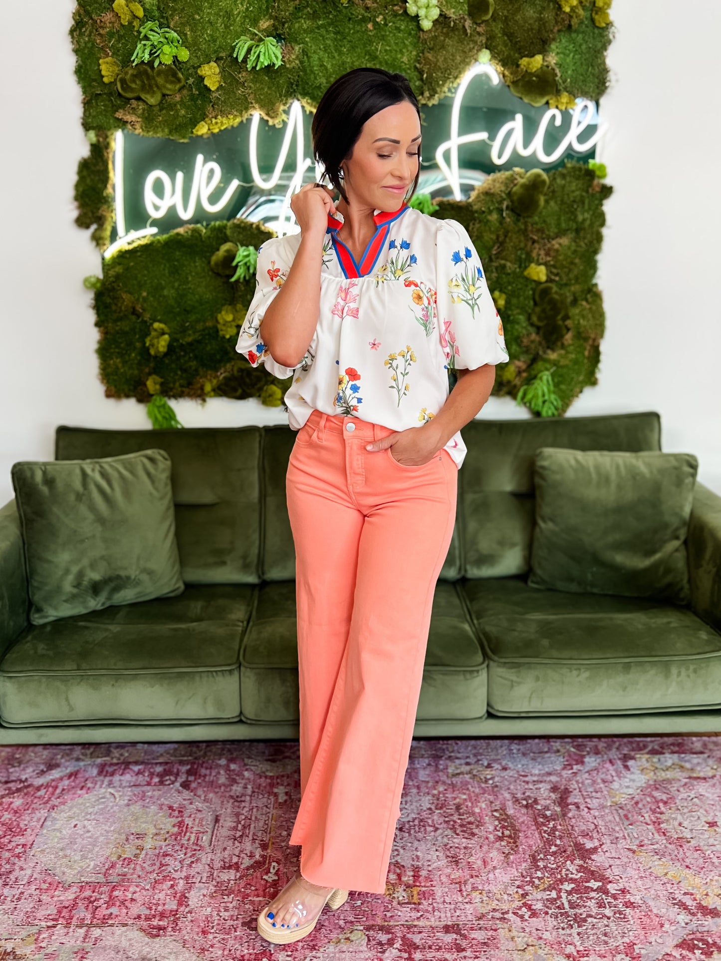 Ivory Floral Print V Neck Blouse