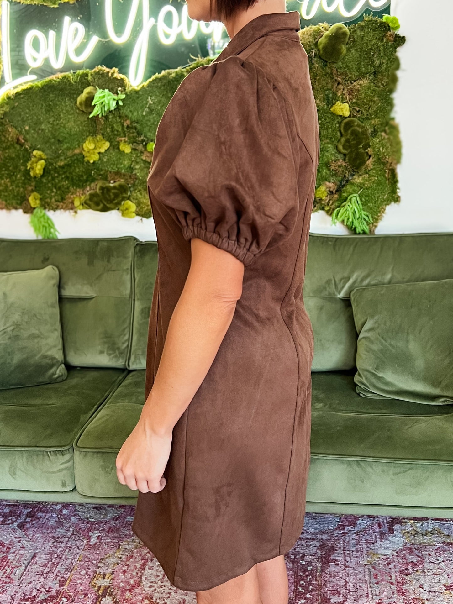 Chocolate Puff Sleeve Suede Dress