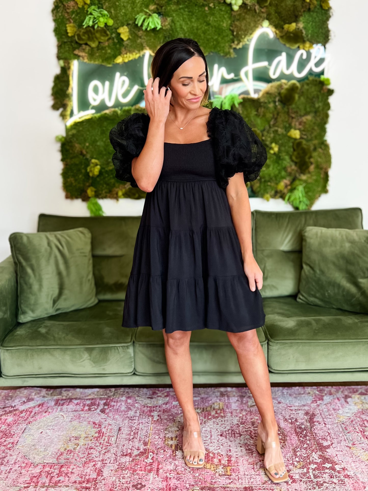 Black Floral Mesh Tiered Mini Dress