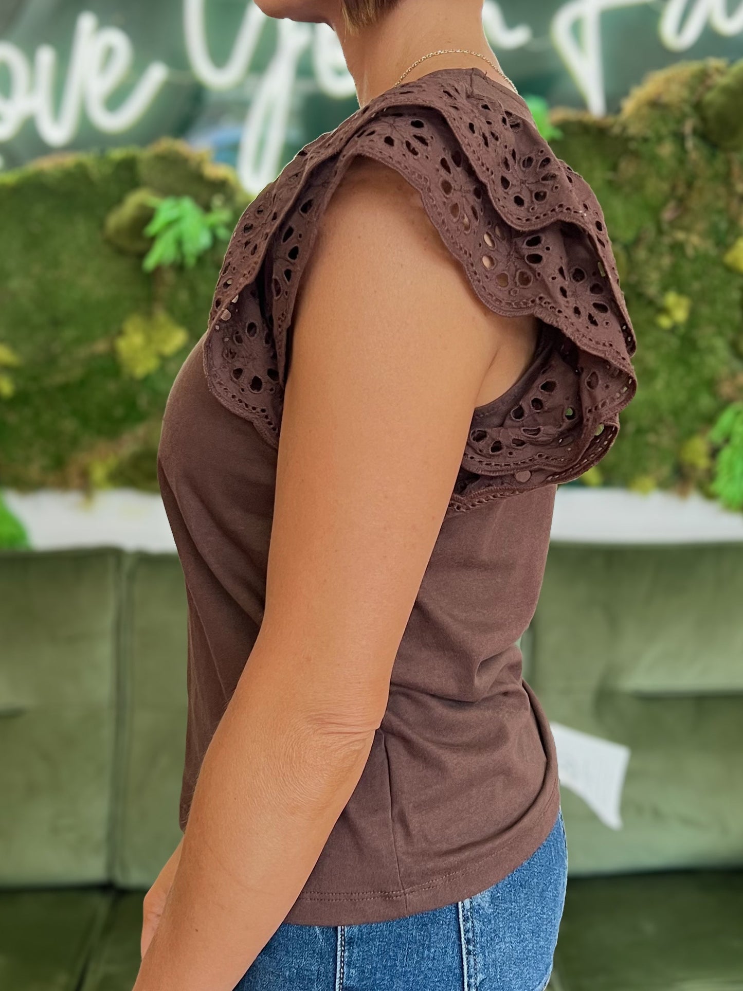 Brown Eyelet Ruffle Sleeve Top
