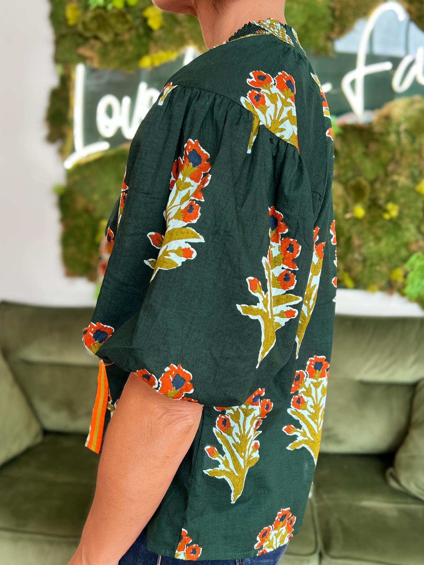 Green Puff Sleeve Floral Detail Top