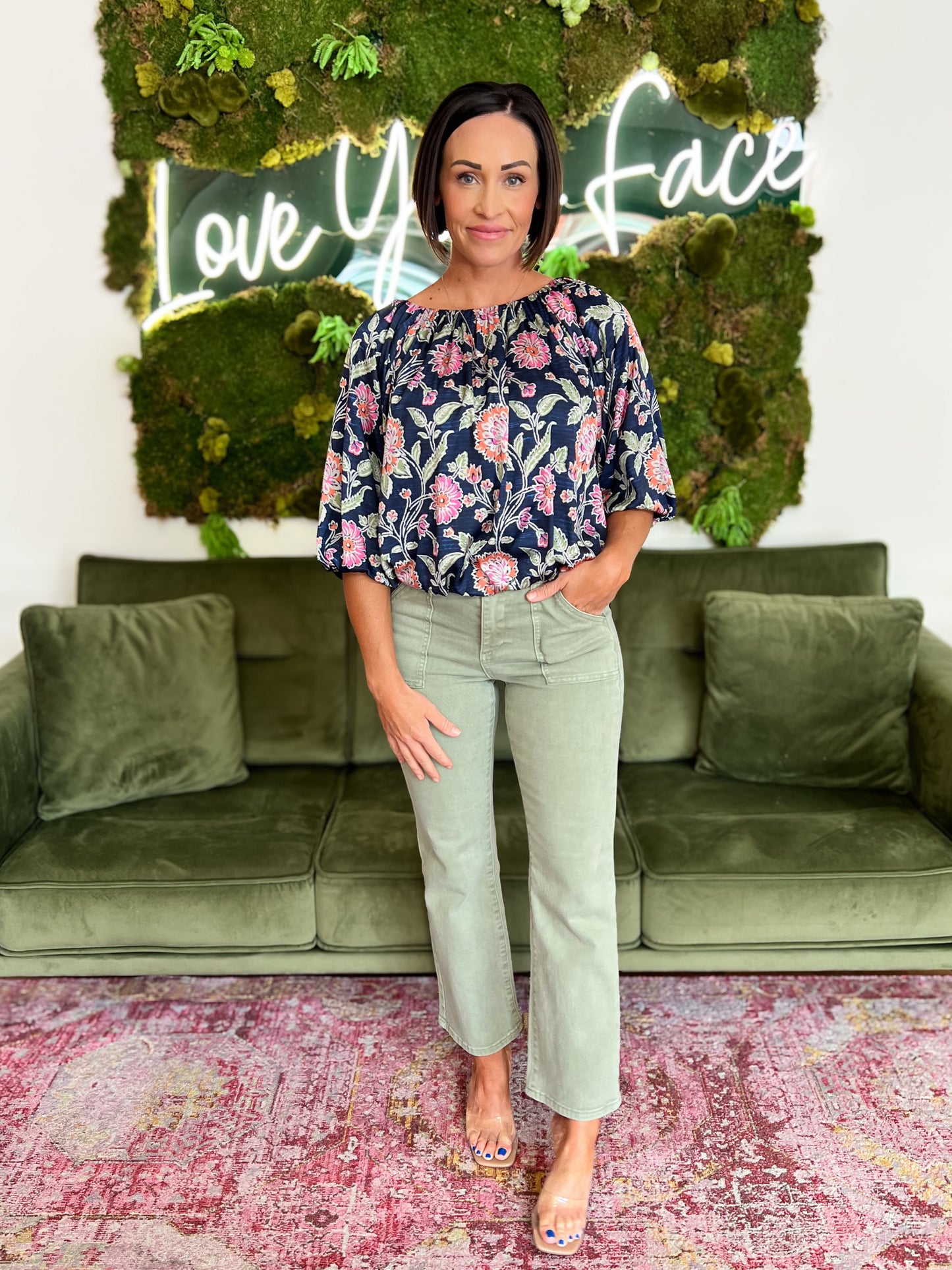 Navy Floral Boatneck Balloon Sleeve Top