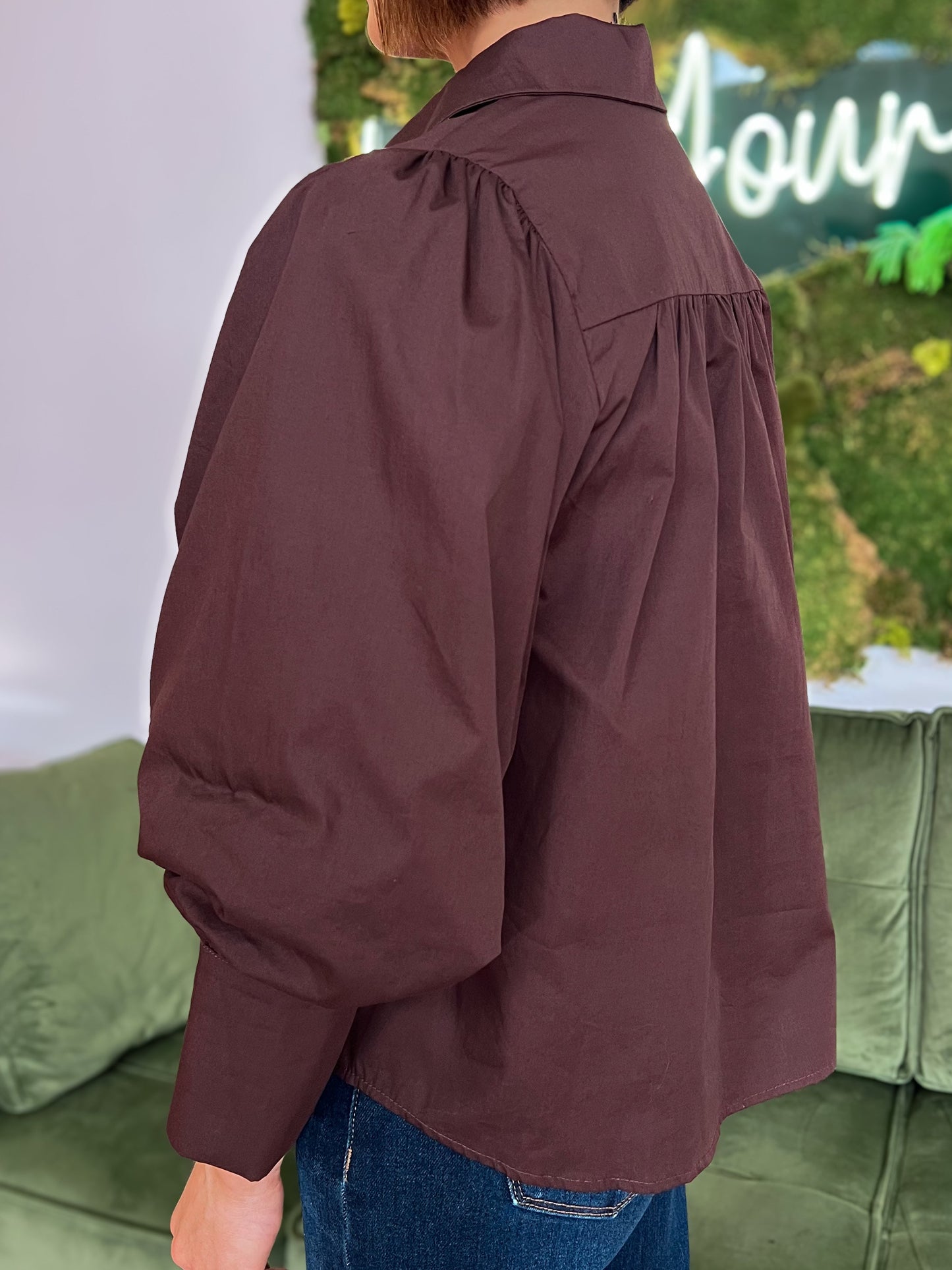 Brown Puffed Sleeve Button Down Top