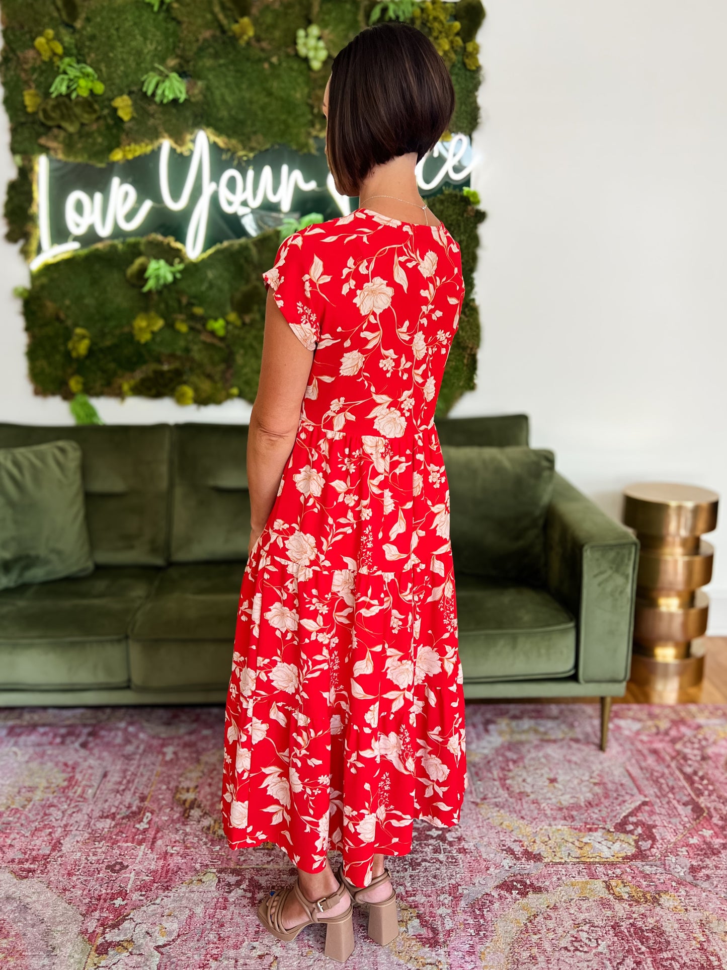Red Floral Button Down Midi Dress
