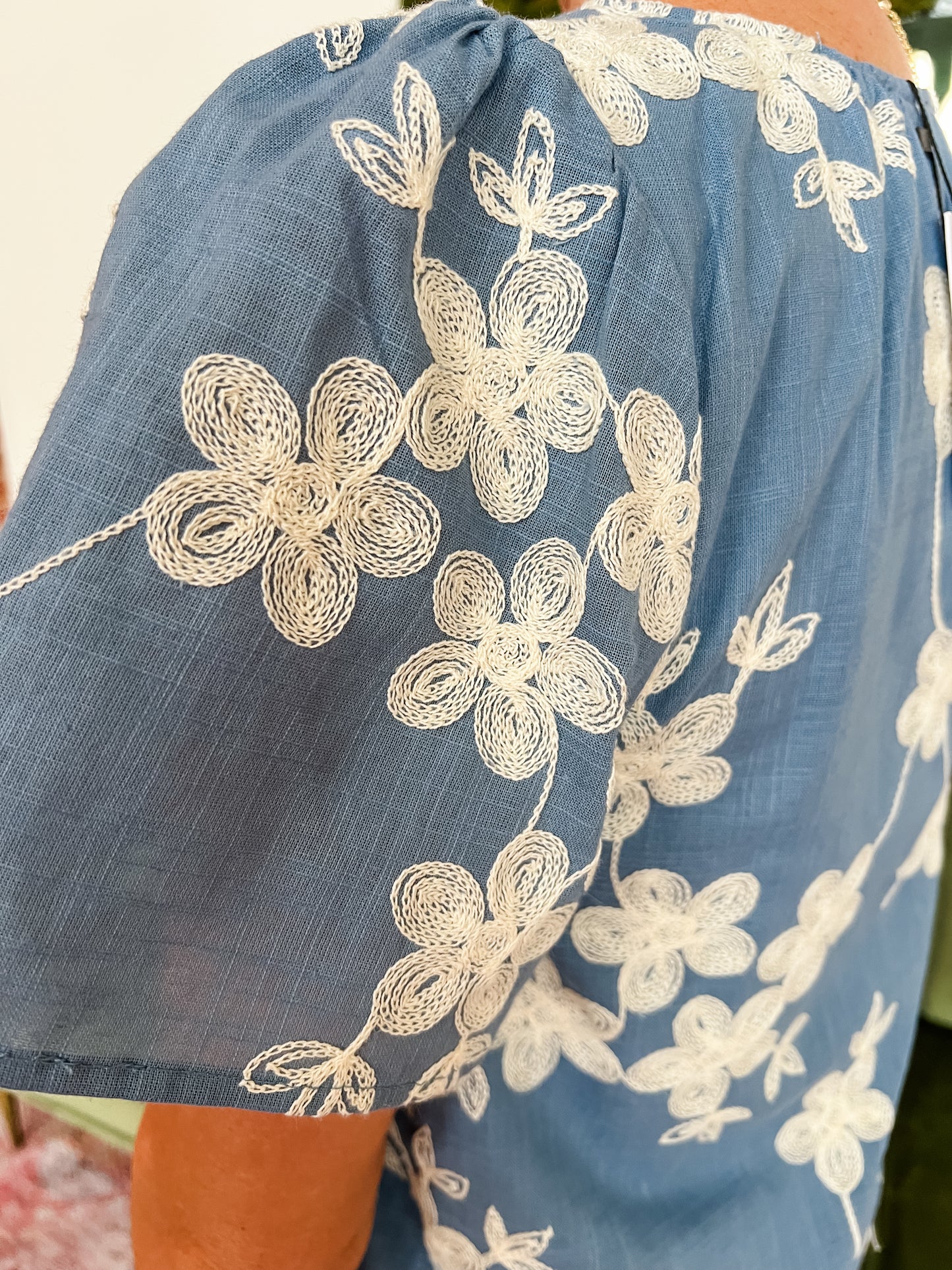 Blue/ White Embroidered Split Neck Top