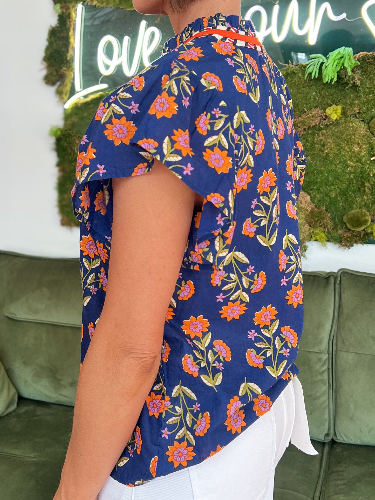 Navy Flutter Sleeve Floral Detail Top