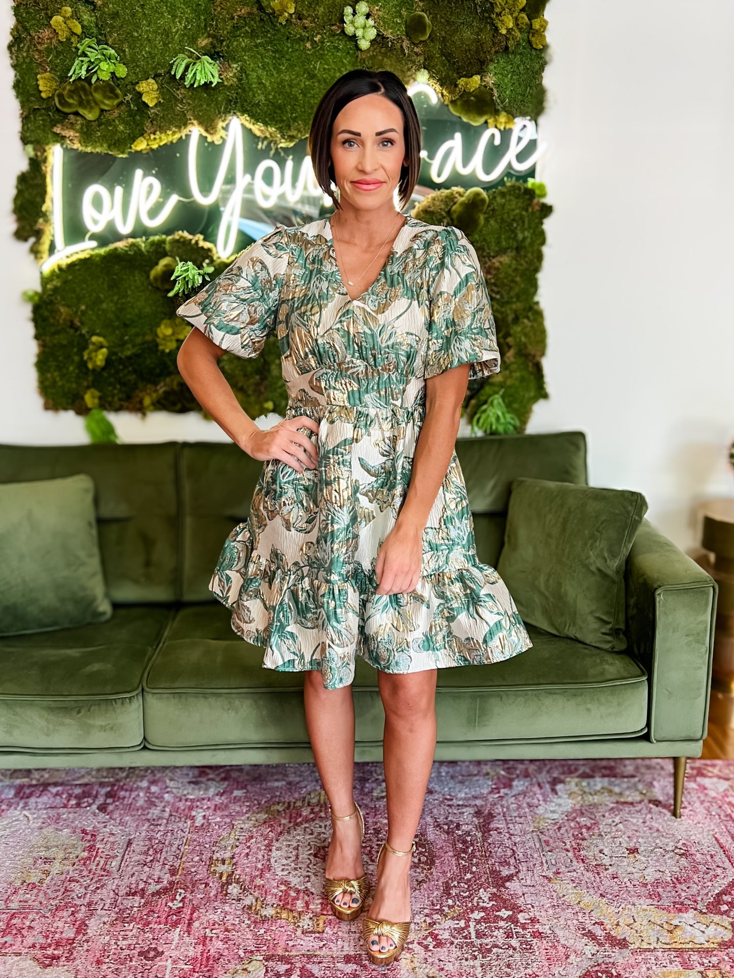 Green/Gold Jacquard Puff Sleeve Mini Dress