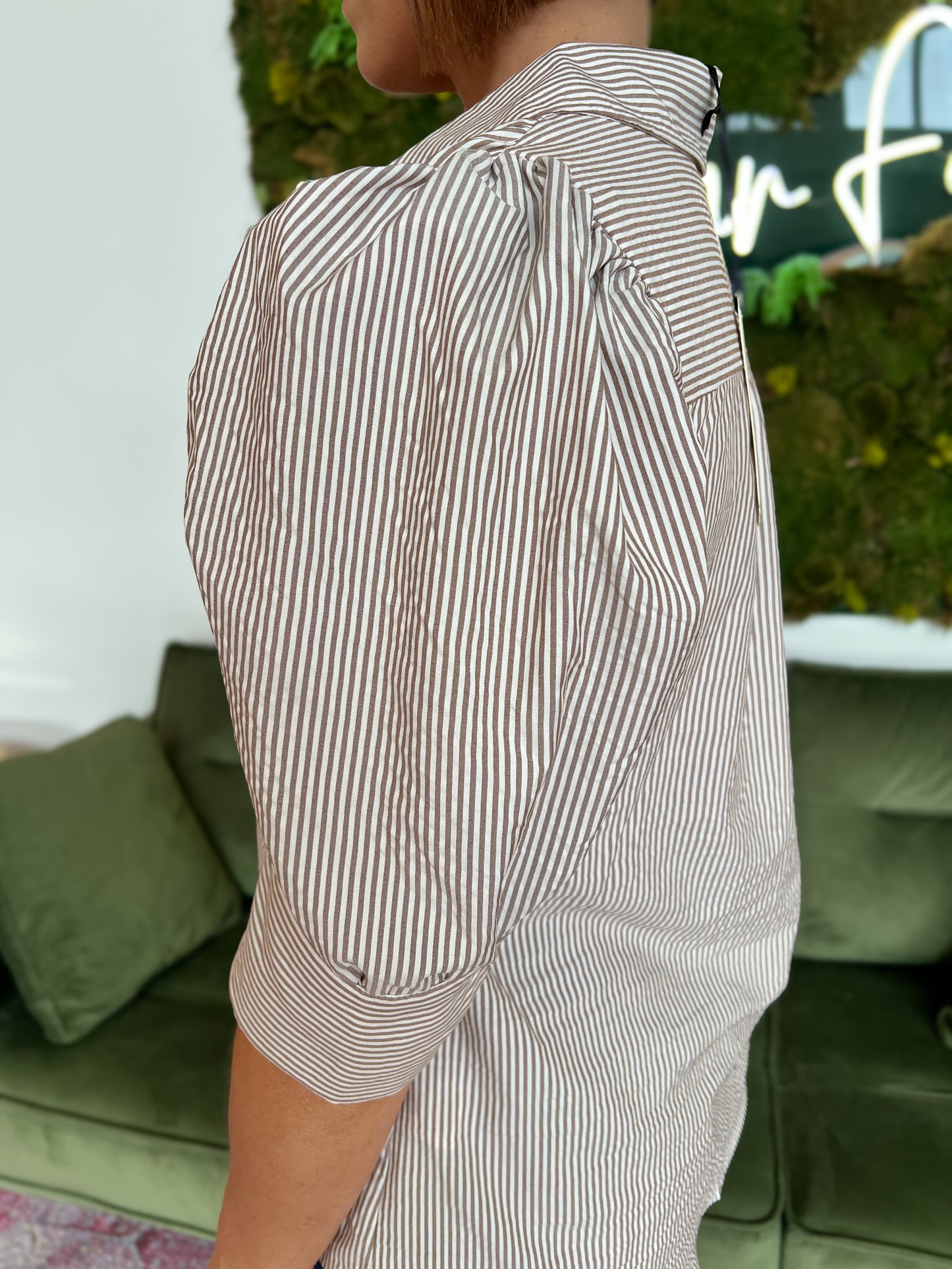 Brown Striped Puff Sleeve Button Down Top