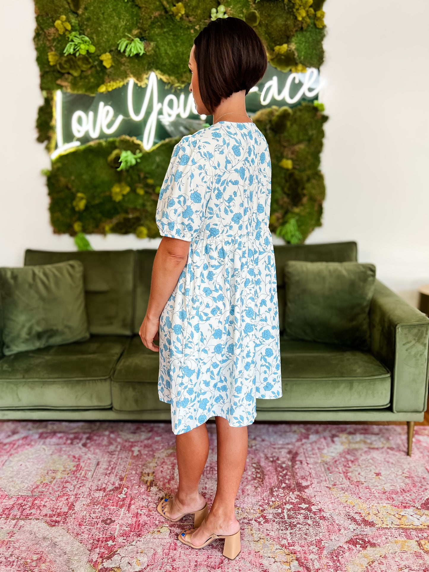 Blue Floral Print Bow Front Mini Dress