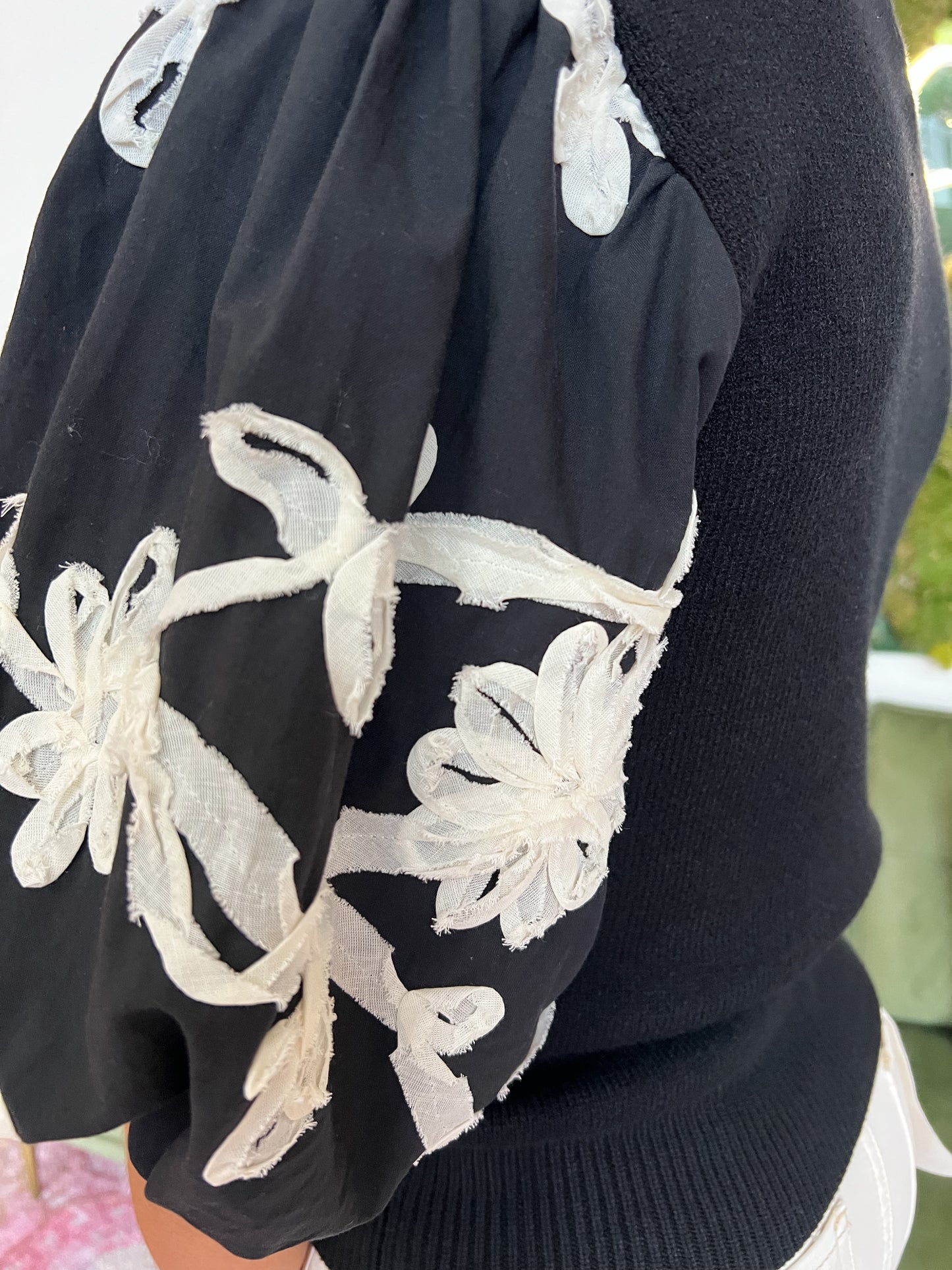 Black Embroidered Puff Sleeve Knit Top