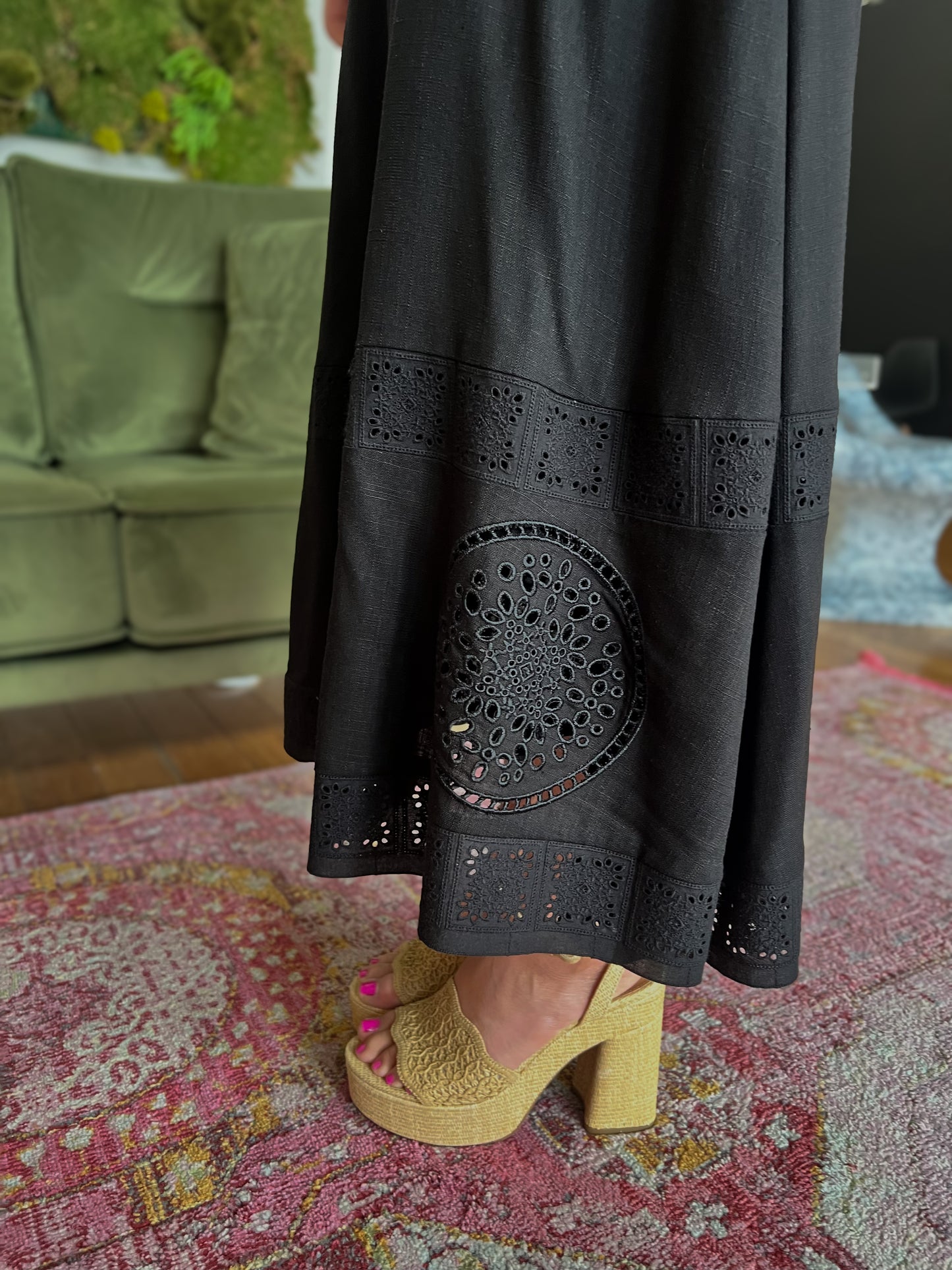 Embroidered Lace Empire Waist Linen Blend Midi Dress