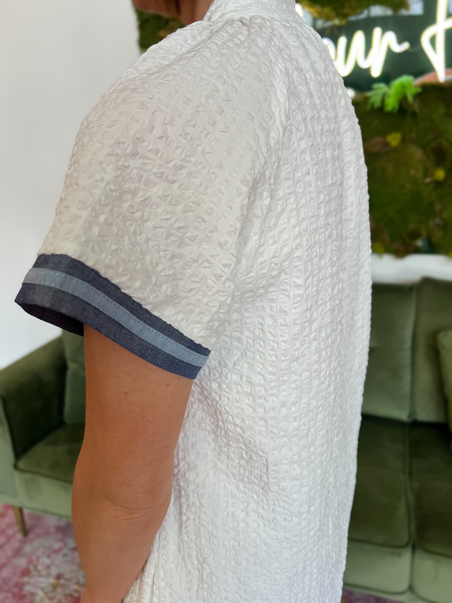 White Short Sleeve Textured Dress With Denim Contrast