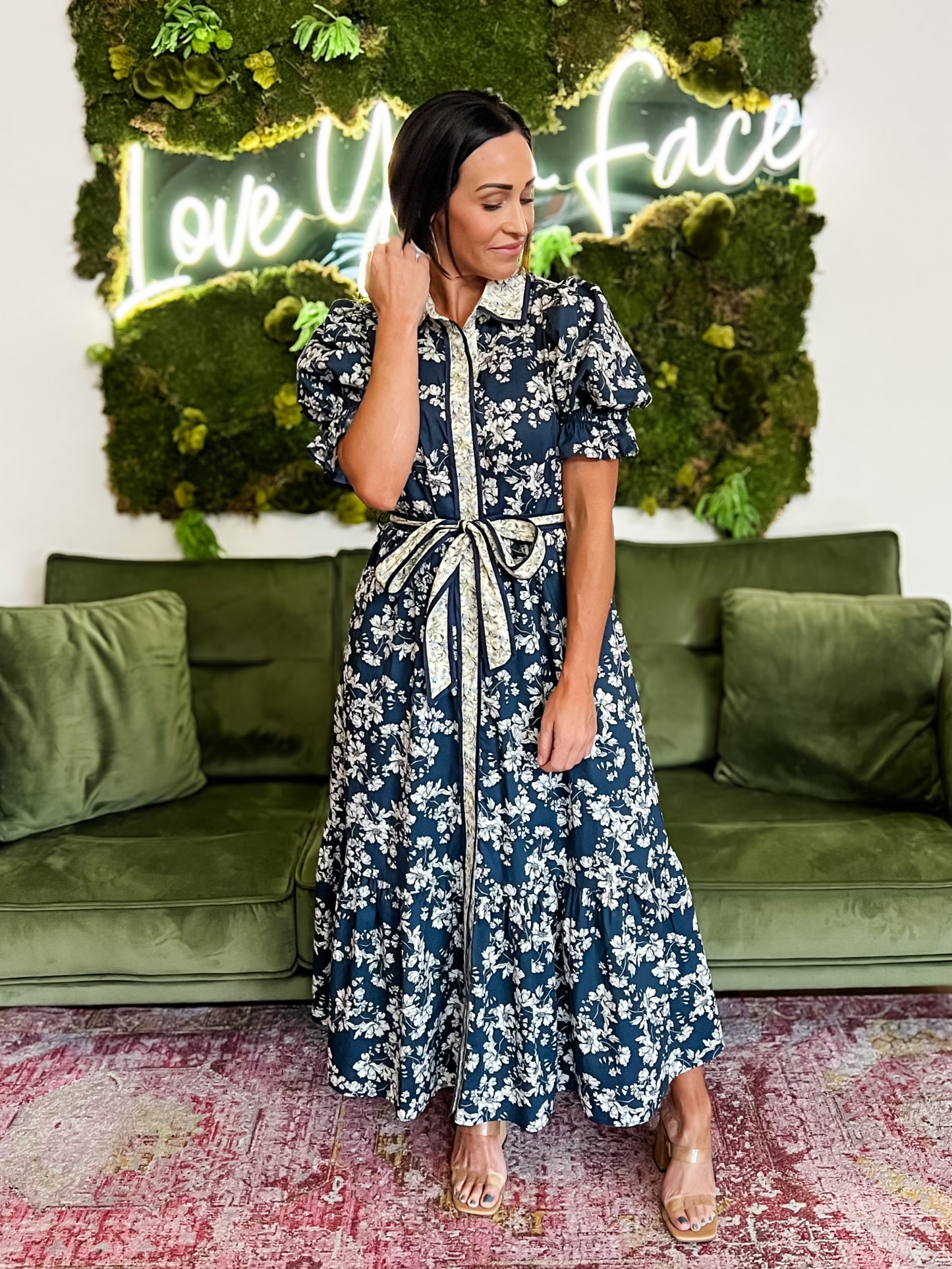 Navy Floral Collared Button Down Maxi Dress
