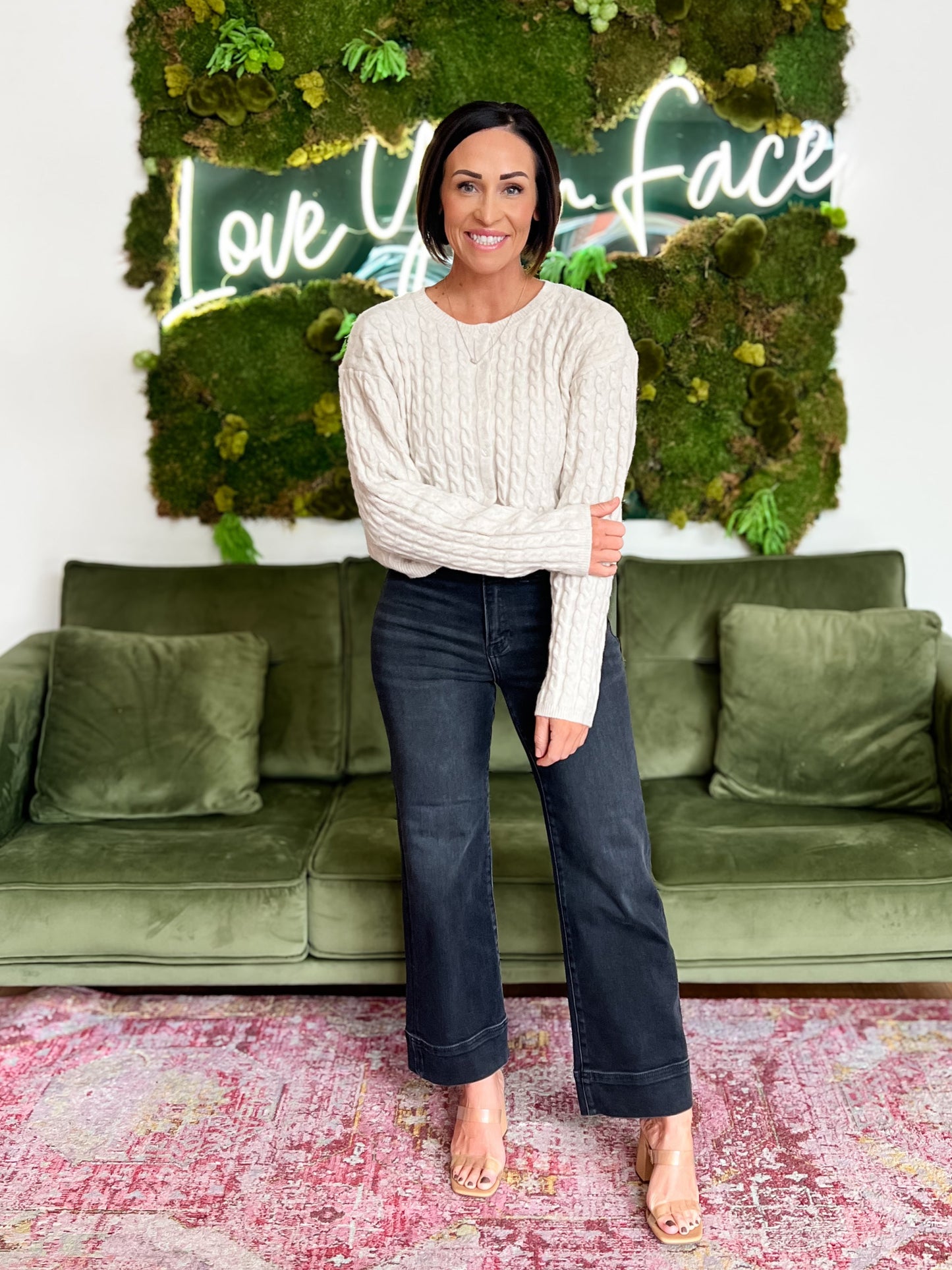 Oat Cable Knit Crew Neck Cardigan