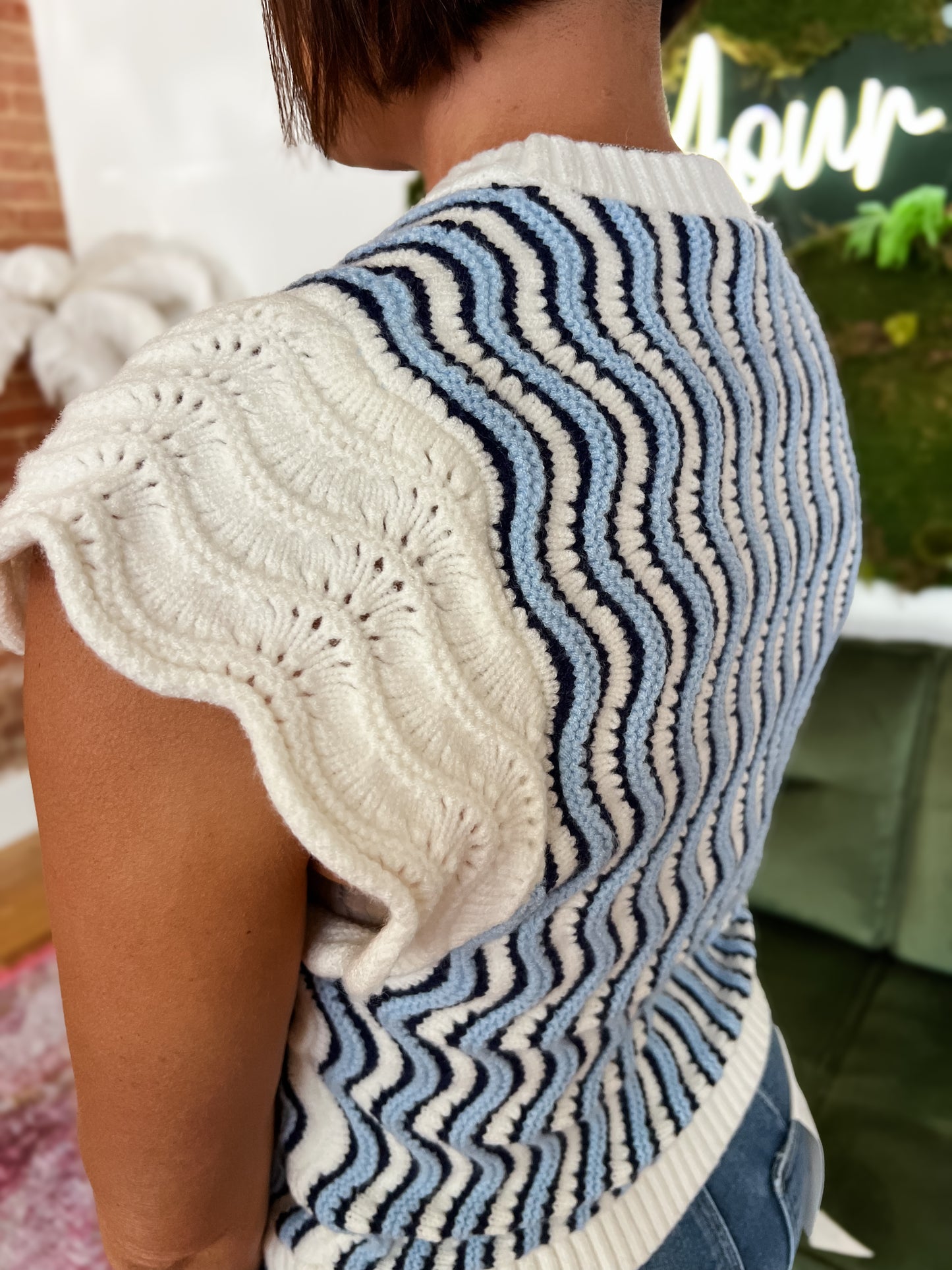 Blue Wavy Pattern Knit Sweater Top