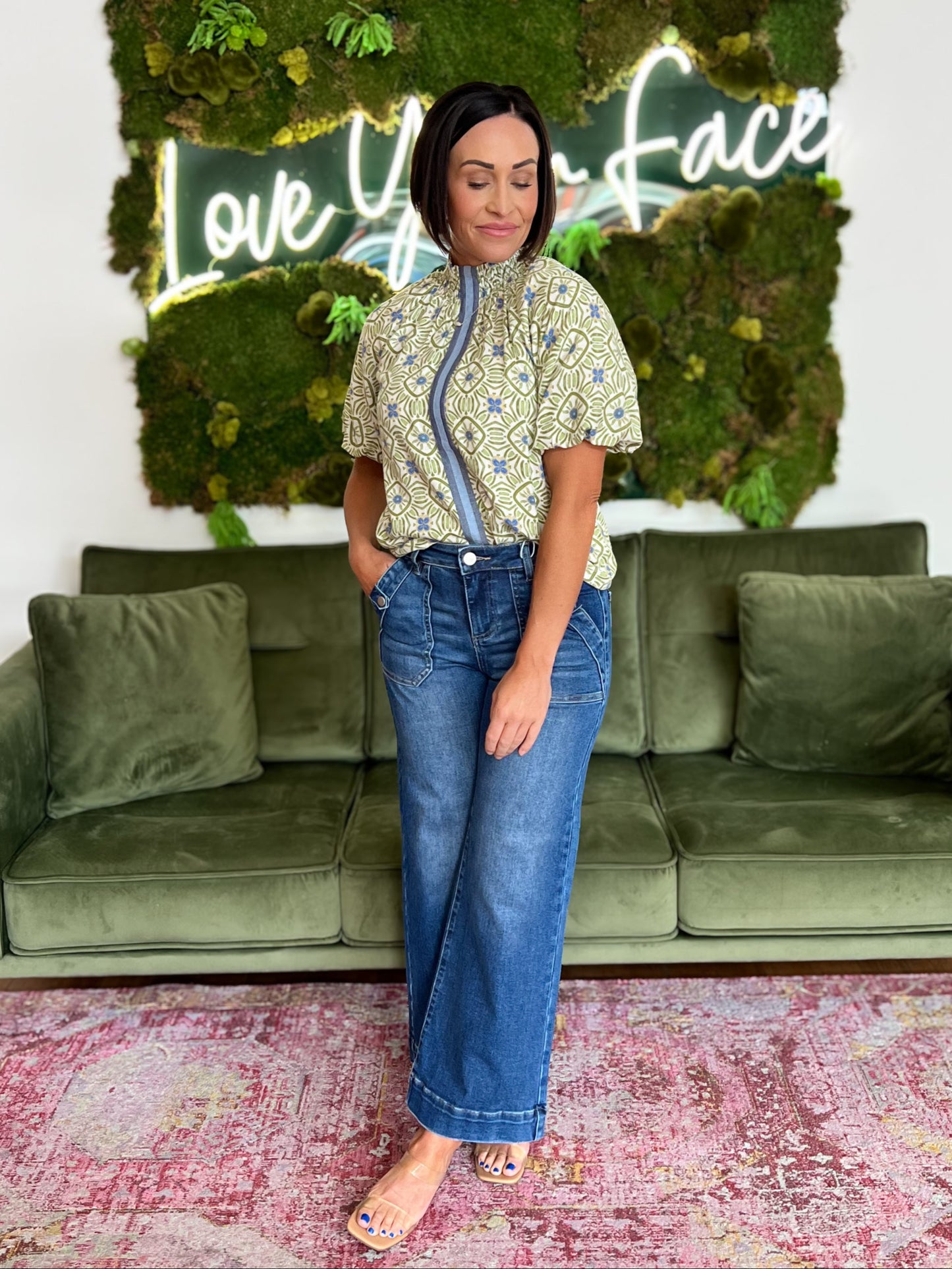 Green Smocked Neck Puff Sleeve Print Top