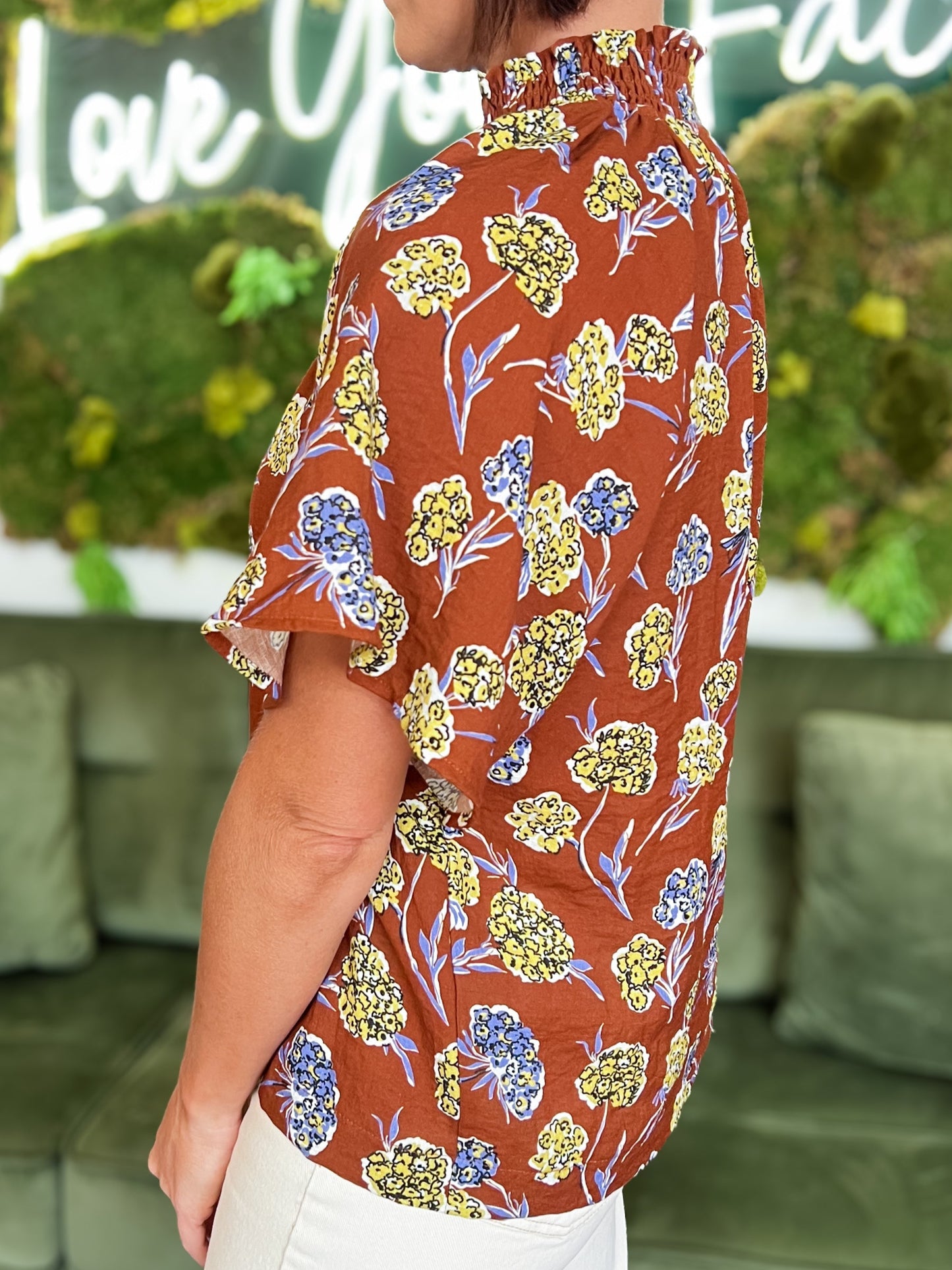Brown Floral Smocked Split Neck Top