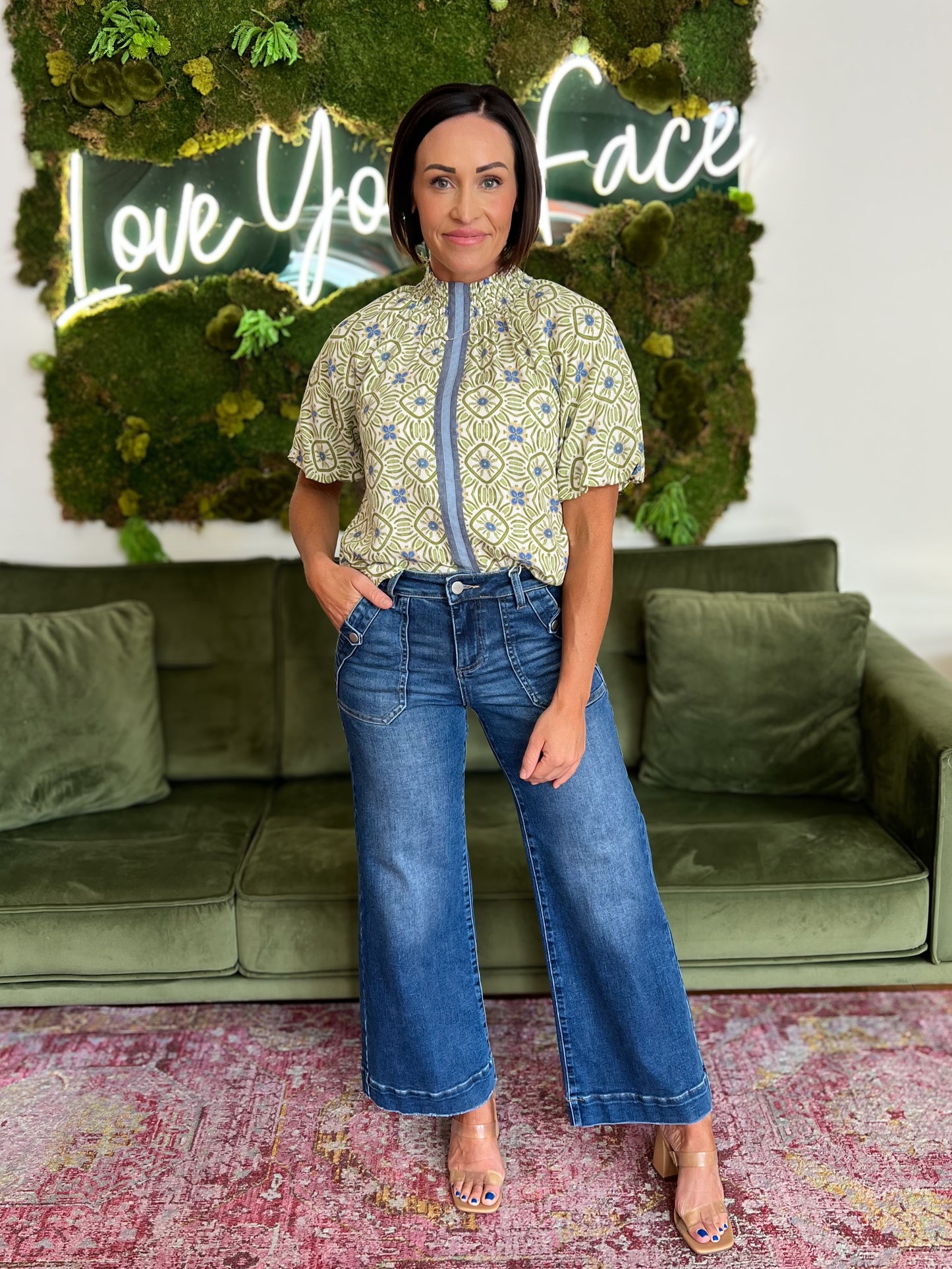 Green Smocked Neck Puff Sleeve Print Top
