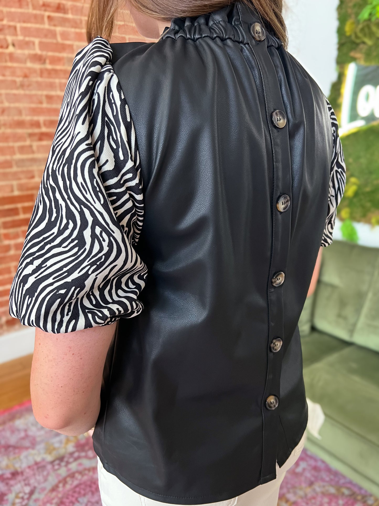 Black Faux Leather Zebra Sleeve Top