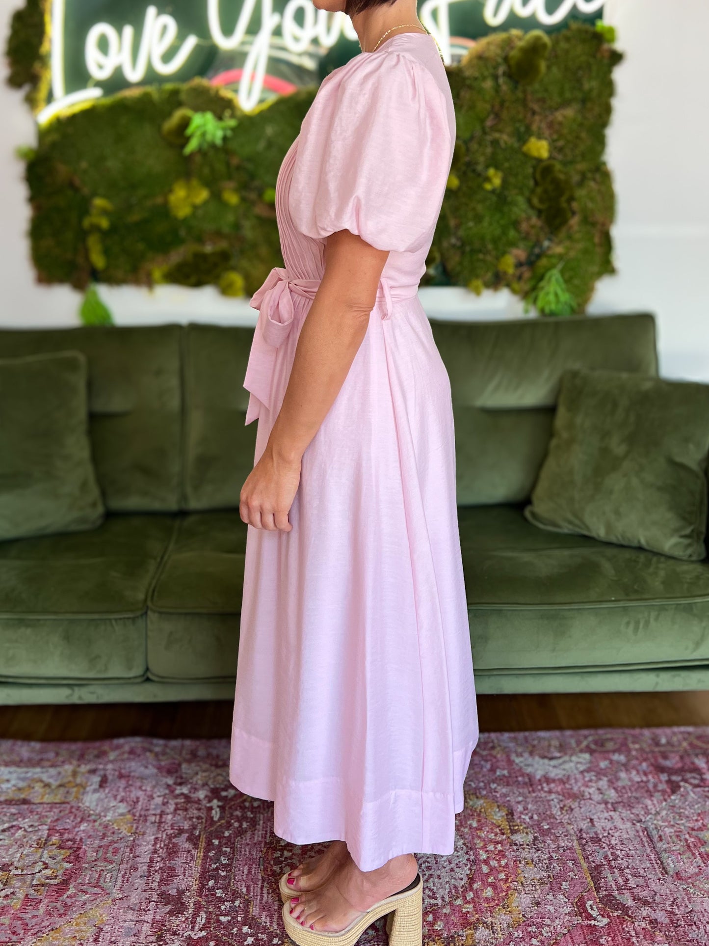 Pink Pintuck Detail Tie Waist Midi Dress