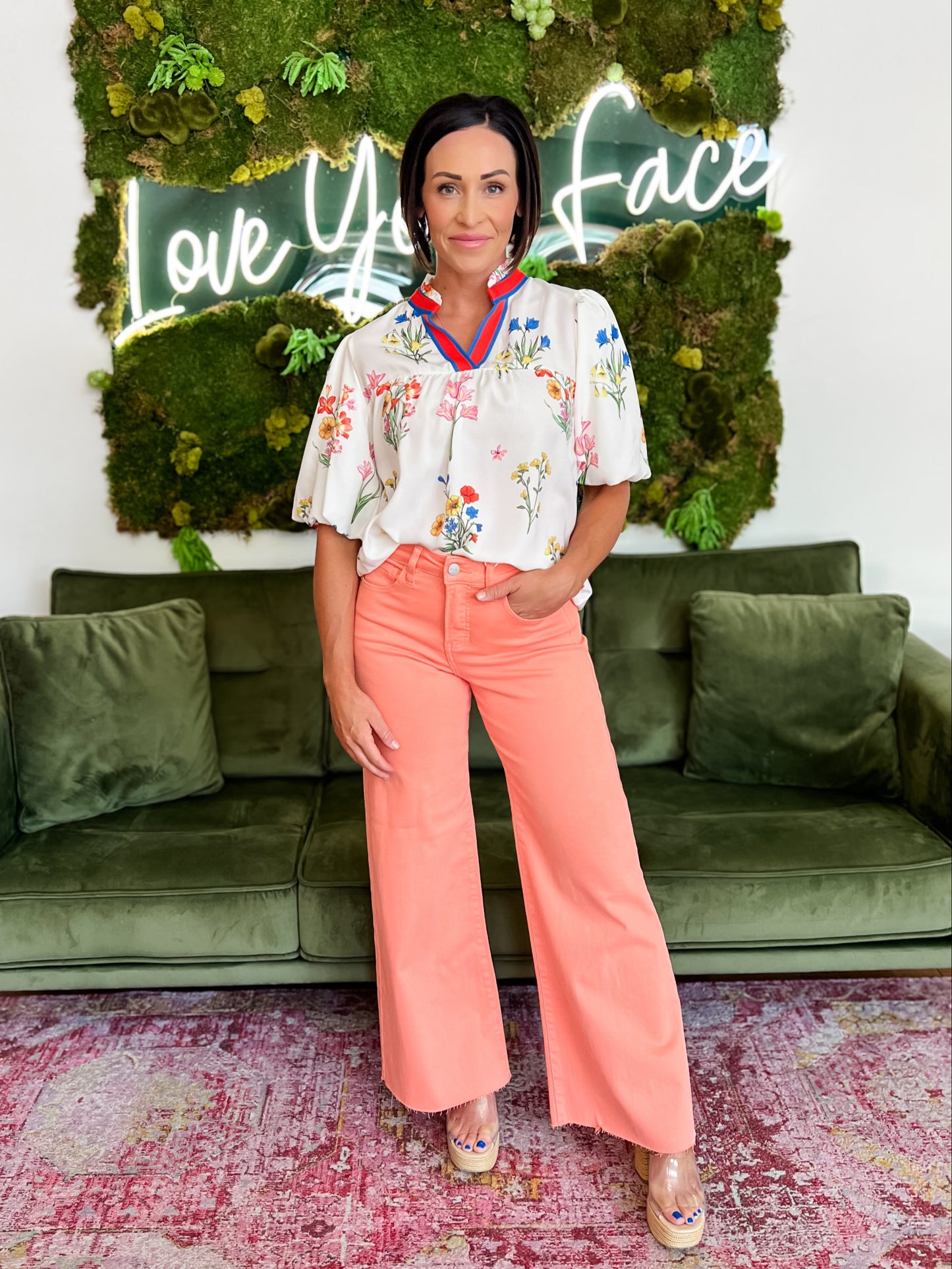 Ivory Floral Print V Neck Blouse