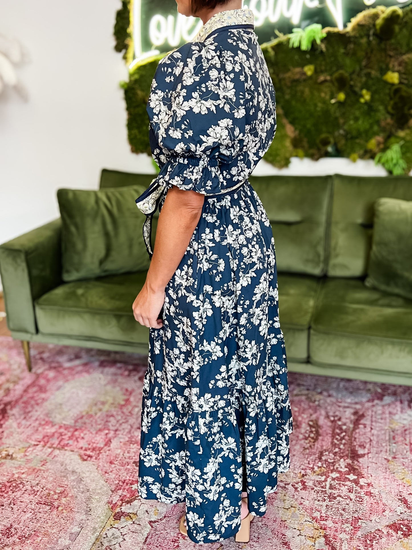 Navy Floral Collared Button Down Maxi Dress