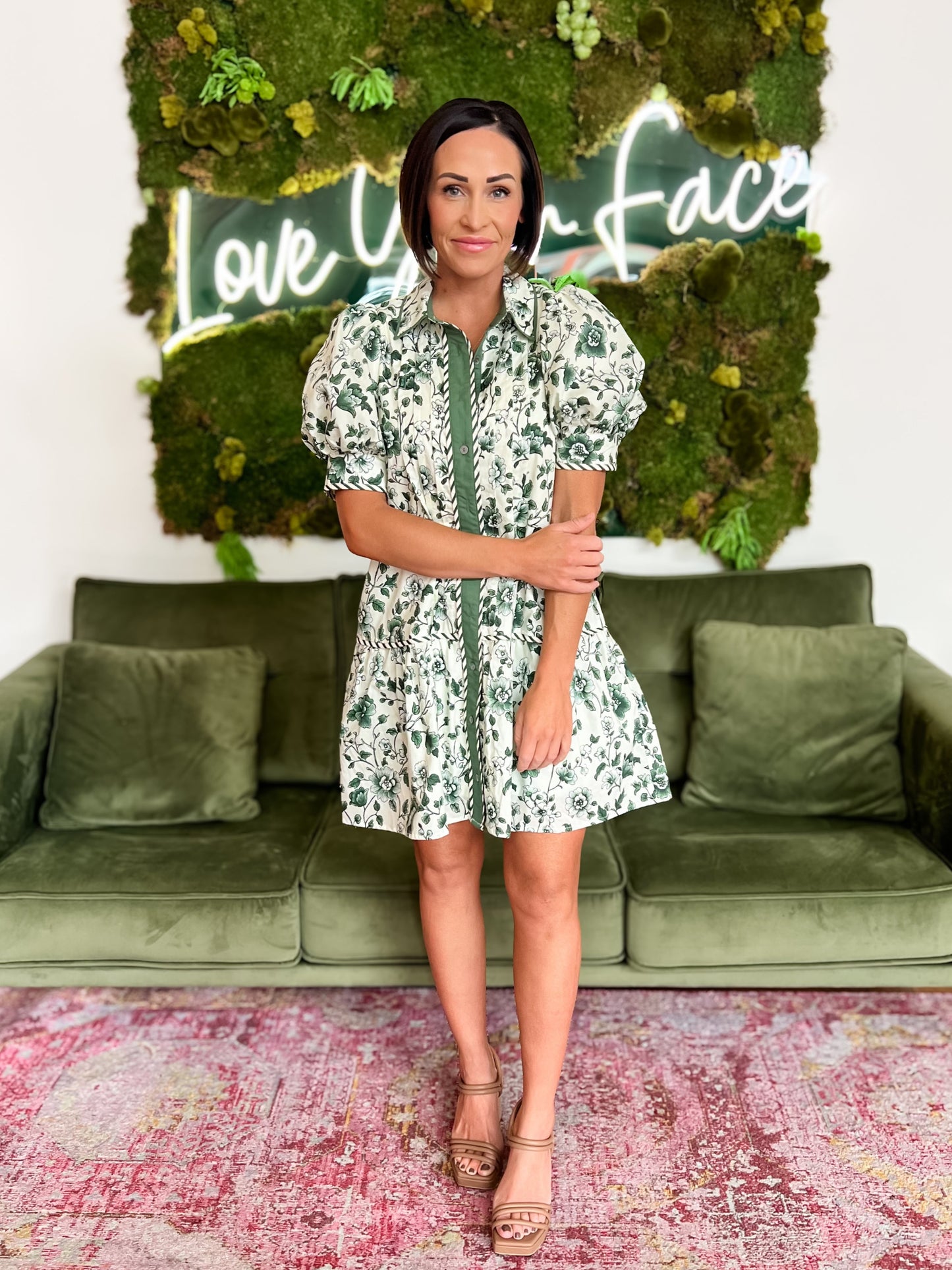 Green Floral Print Mini Dress