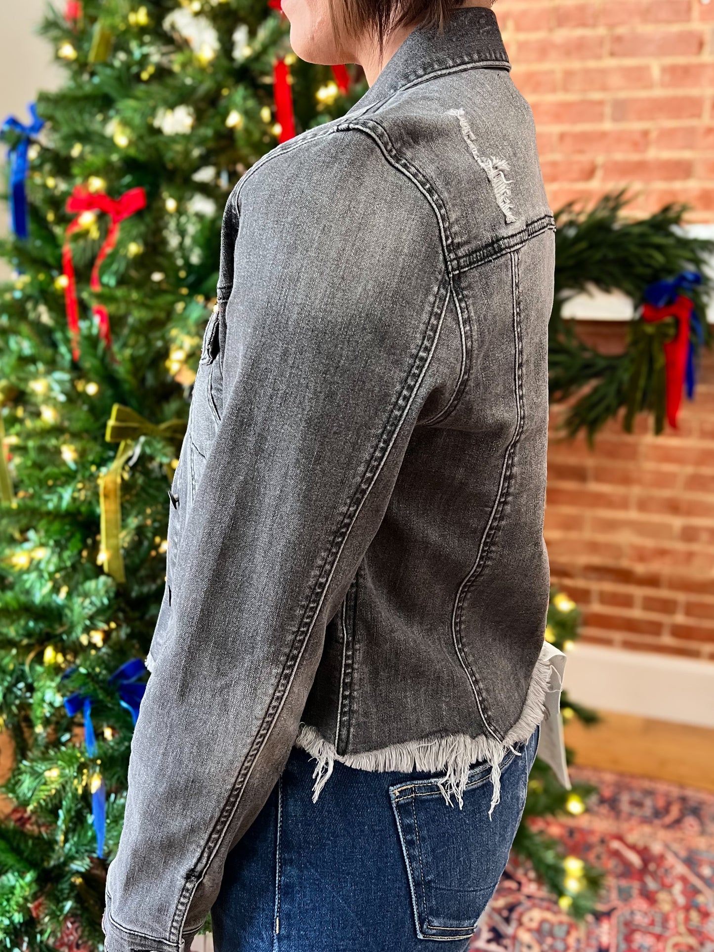 Grey Frayed Hem Washed Denim Jacket