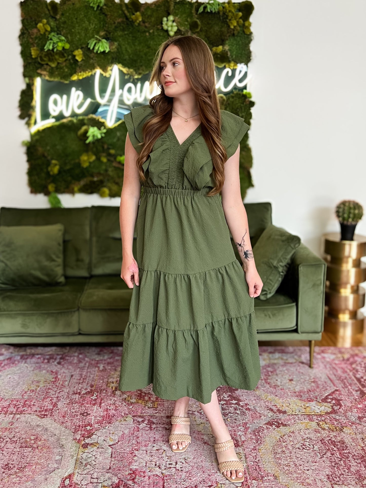 Olive Textured Flutter Sleeve Maxi