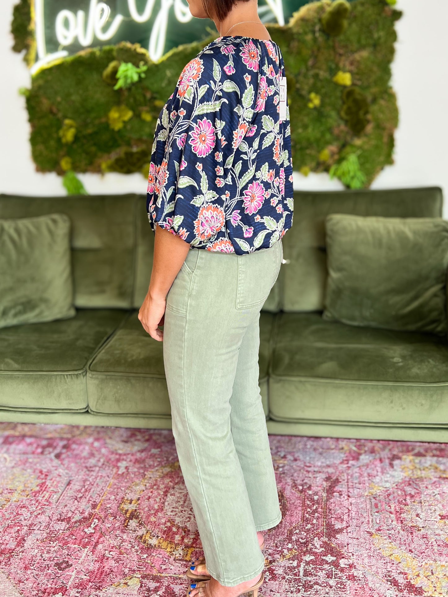 Navy Floral Boatneck Balloon Sleeve Top