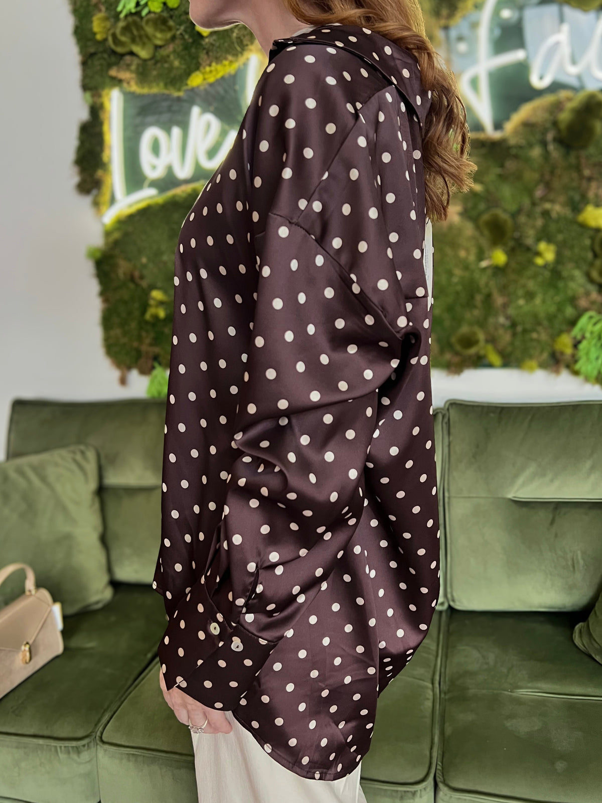 Brown Polka Dot Satin Long Sleeve Blouse