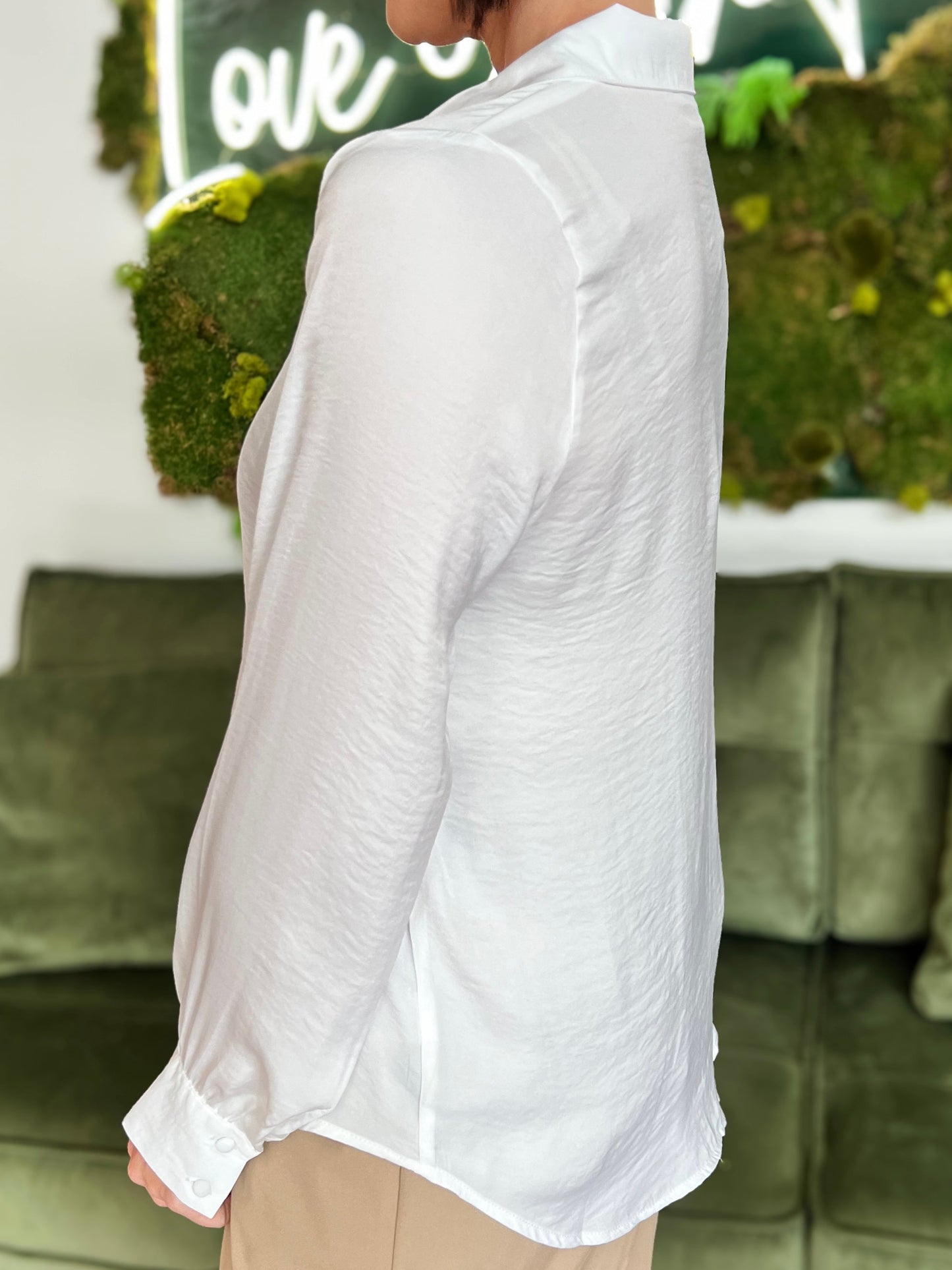 Off White Long Sleeve Satin Button Down Blouse