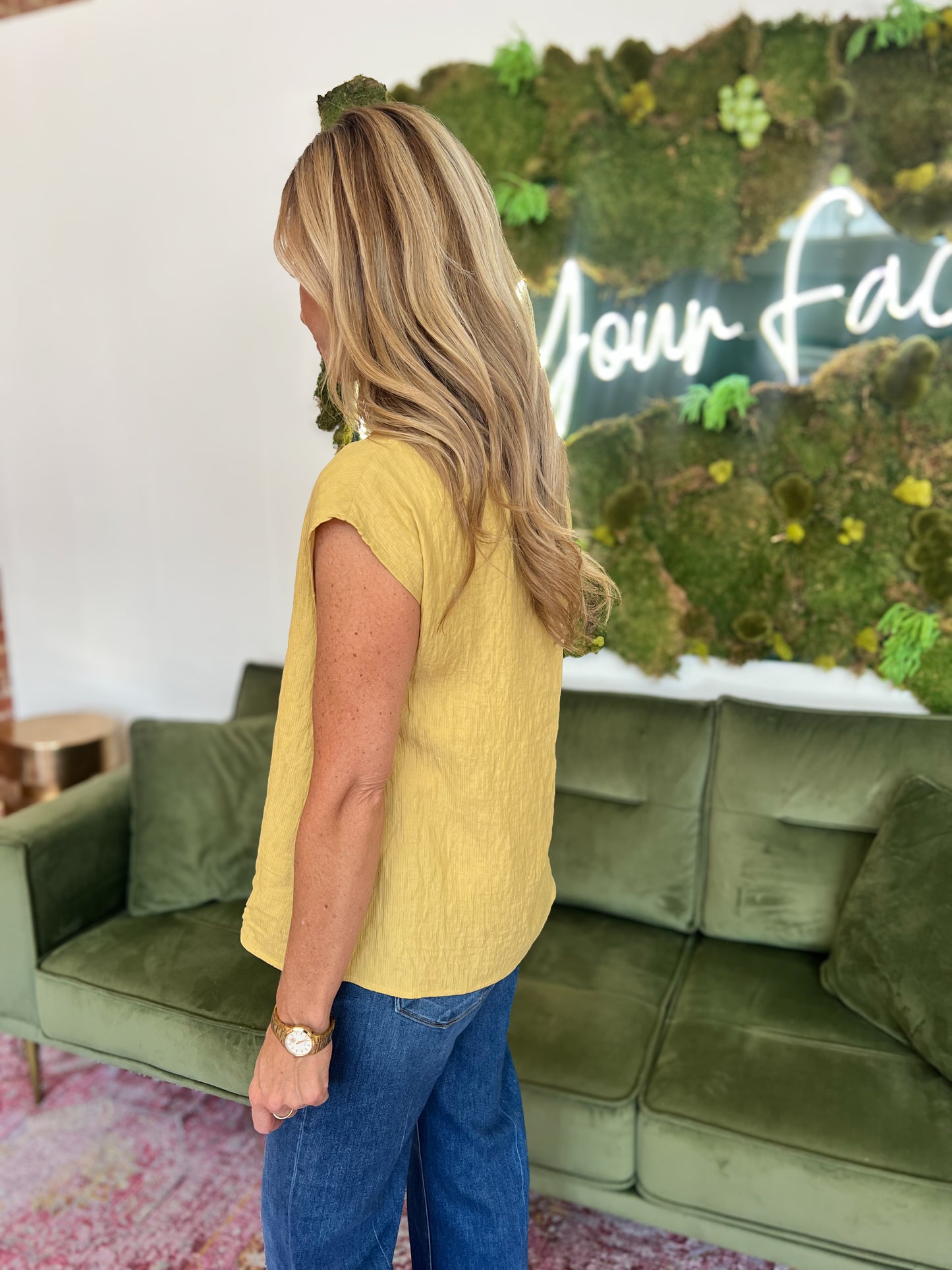 Mustard Textured Satin Boat Neck Top