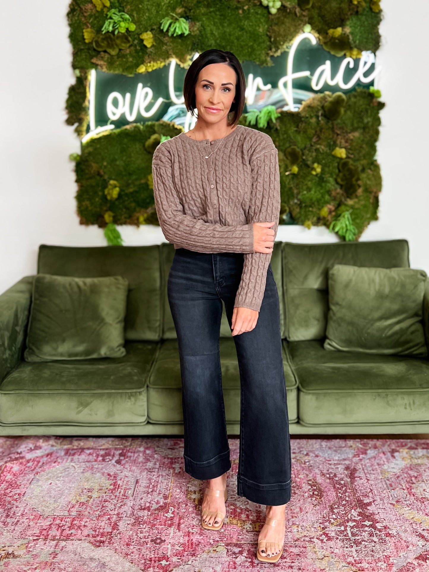 Mocha Cable Knit Crew Neck Cardigan