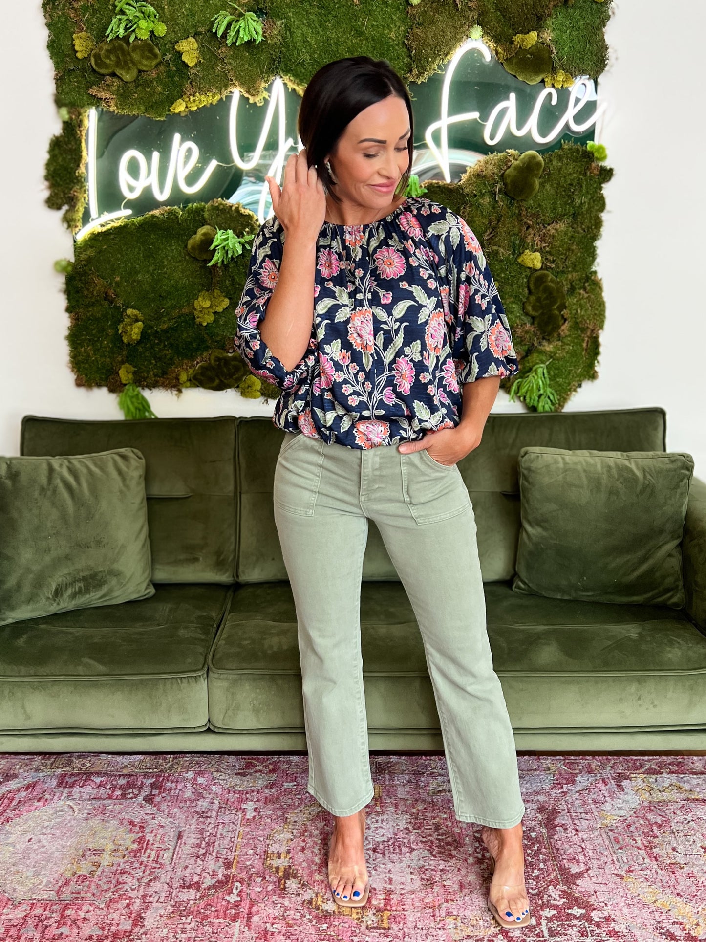 Navy Floral Boatneck Balloon Sleeve Top