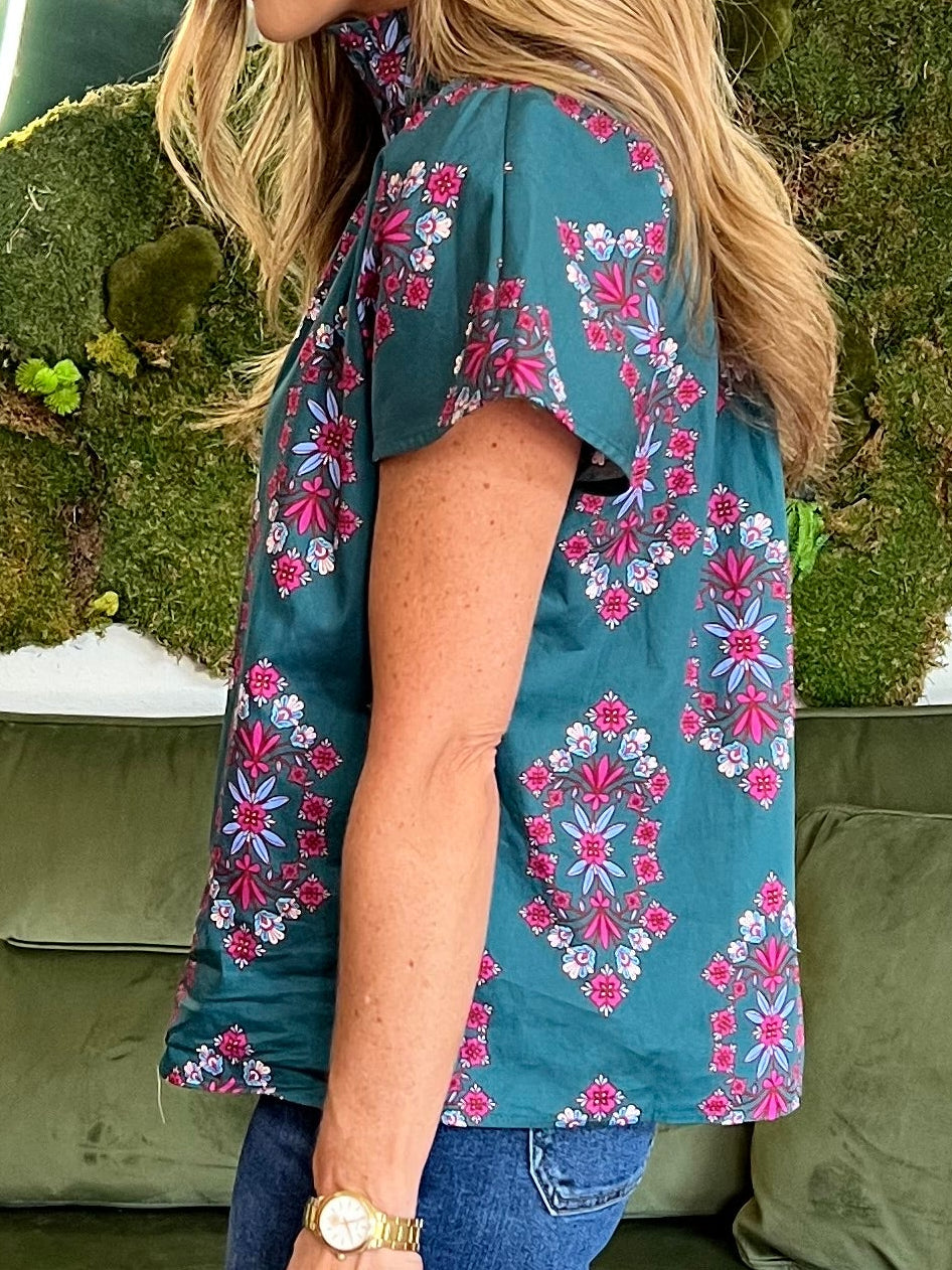 Teal/ Pink Print Mock Neck Button Down Top