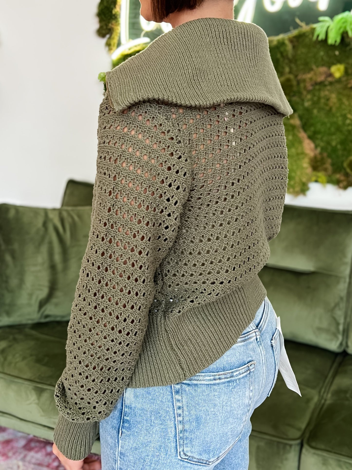 Olive Zip-Up Open Knit Sweater
