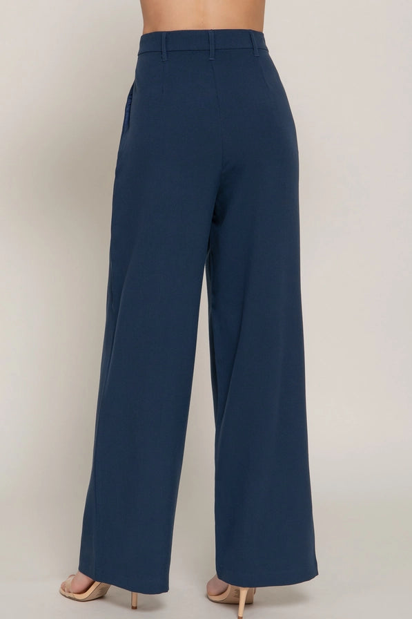 Navy Pleated Wide Leg Dress Pants