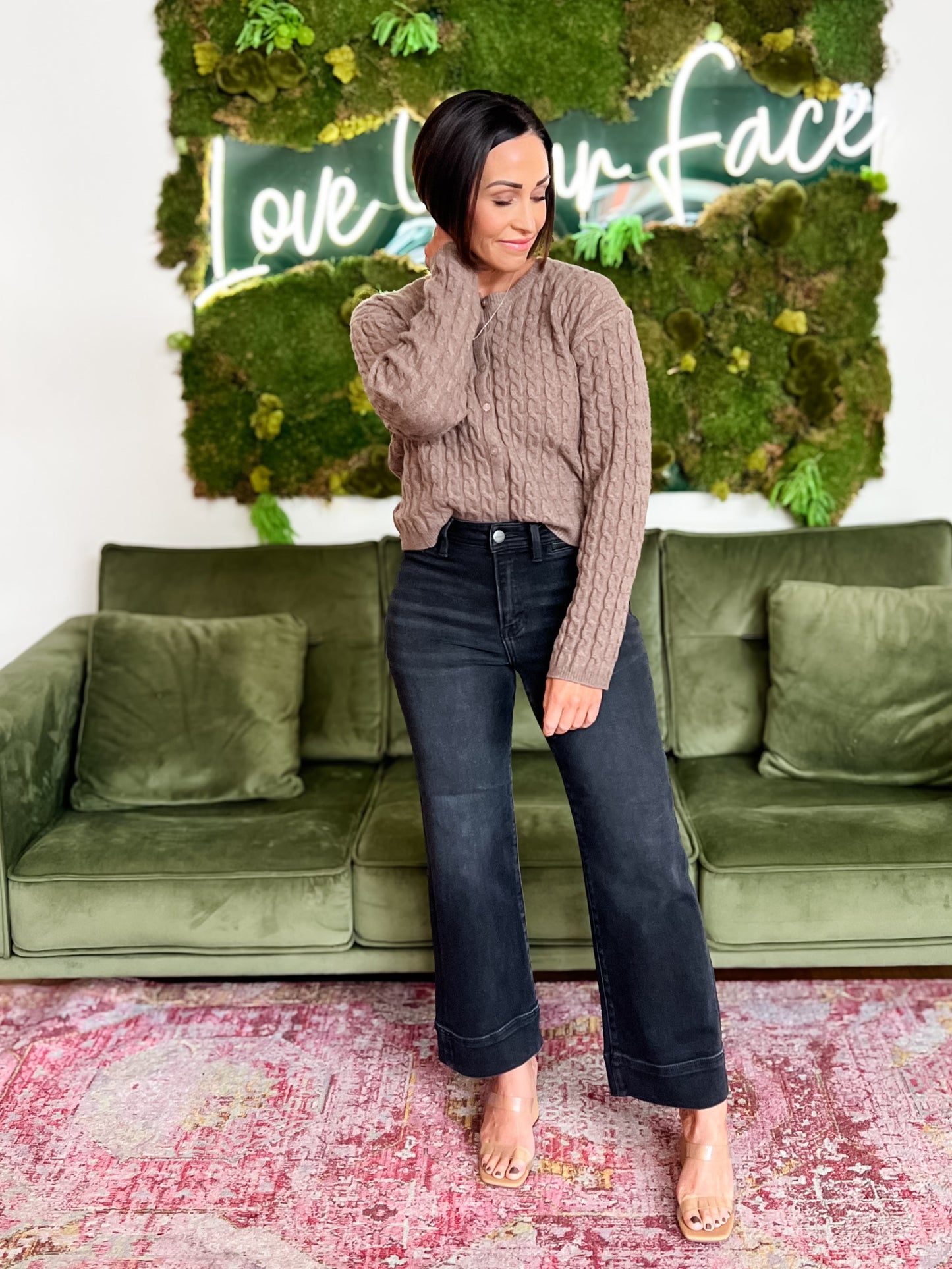 Mocha Cable Knit Crew Neck Cardigan